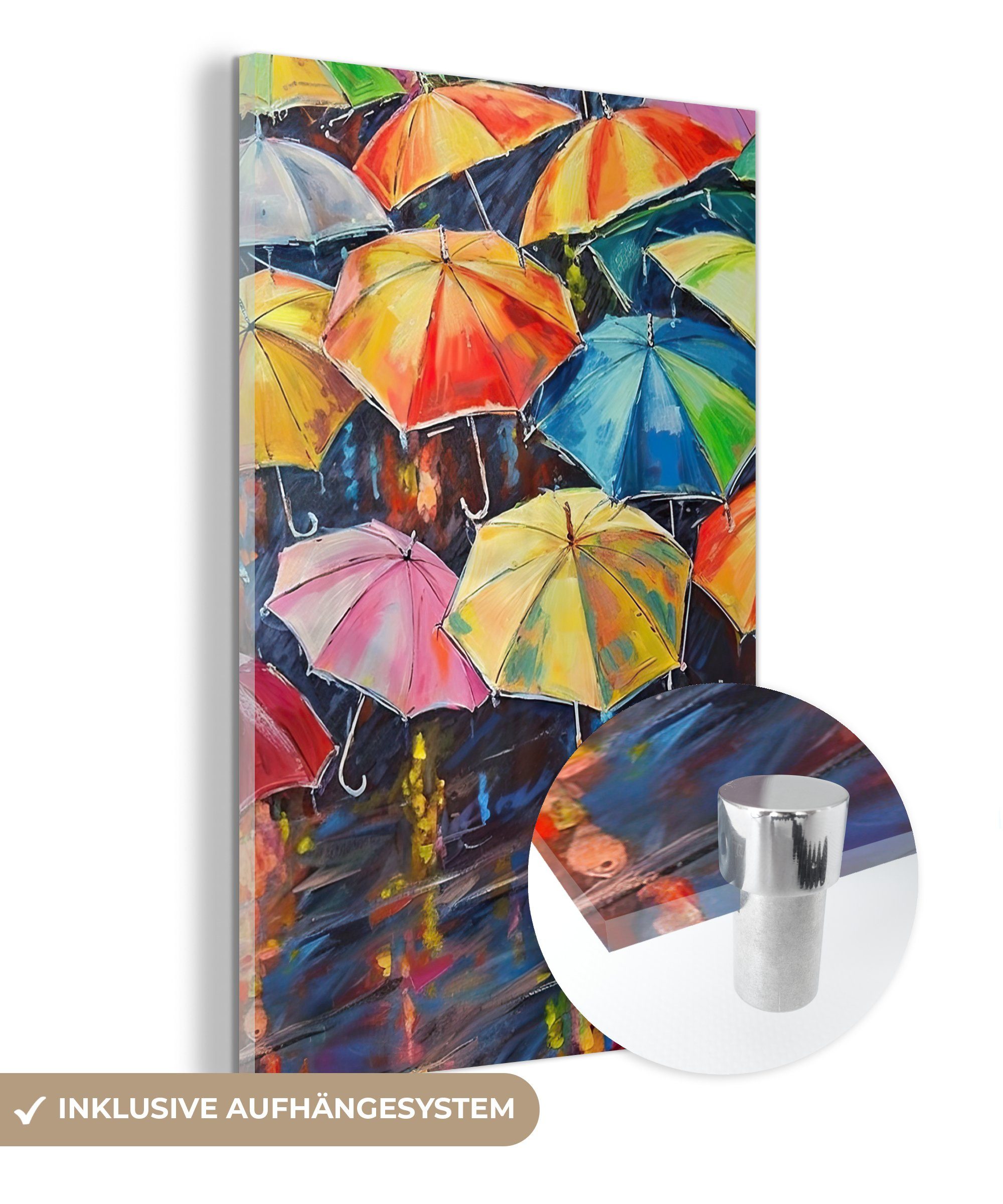 MuchoWow Acrylglasbild Regenschirme - Malerei - Kunst - Regenbogen, (1 St), Glasbilder - Bilder auf Glas Wandbild - Foto auf Glas - Wanddekoration