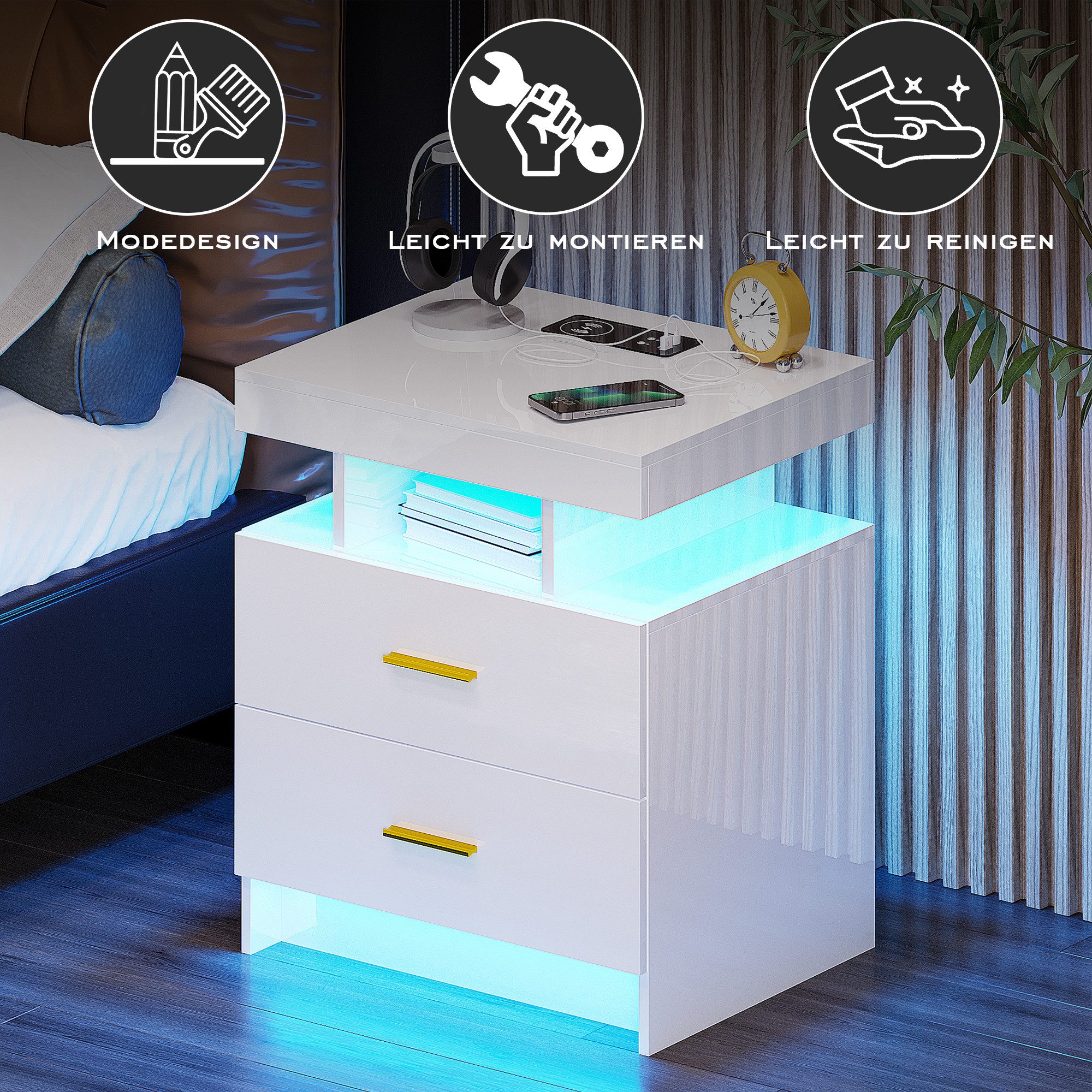 LVifur Nachttisch mit LED-Licht und Sensor, 2 Schubladen, USB&Type-C, kabelloses Laden (1-St), 3 Farben Dimmbares Licht, 40T x 50B x 58H cm, Hochglanz Weiß