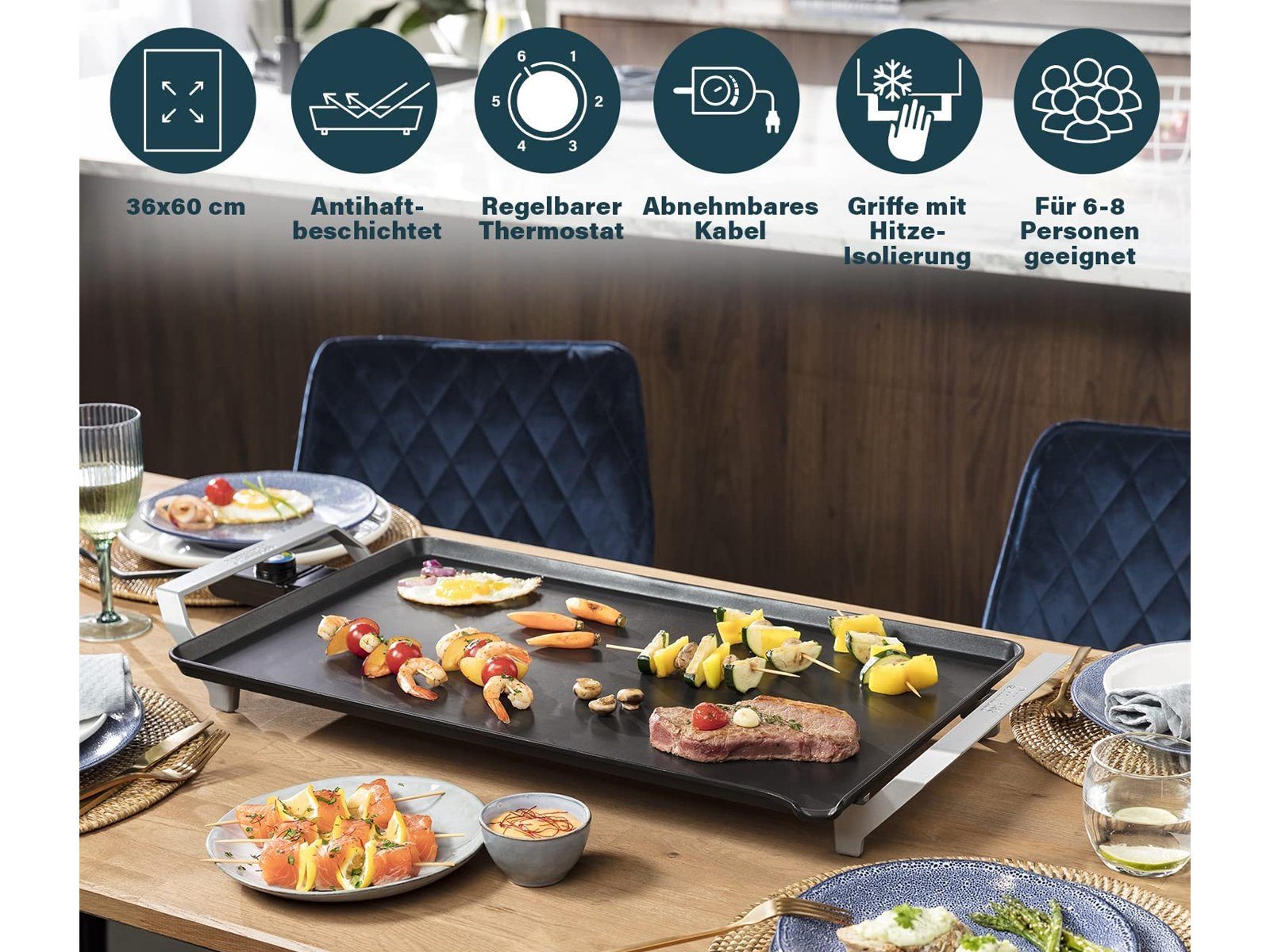 PRINCESS Teppanyakigrill, 2500 W, Japanischer Tischgrill für Zuhause 6-8 Personen 36x60cm & Teppangabeln