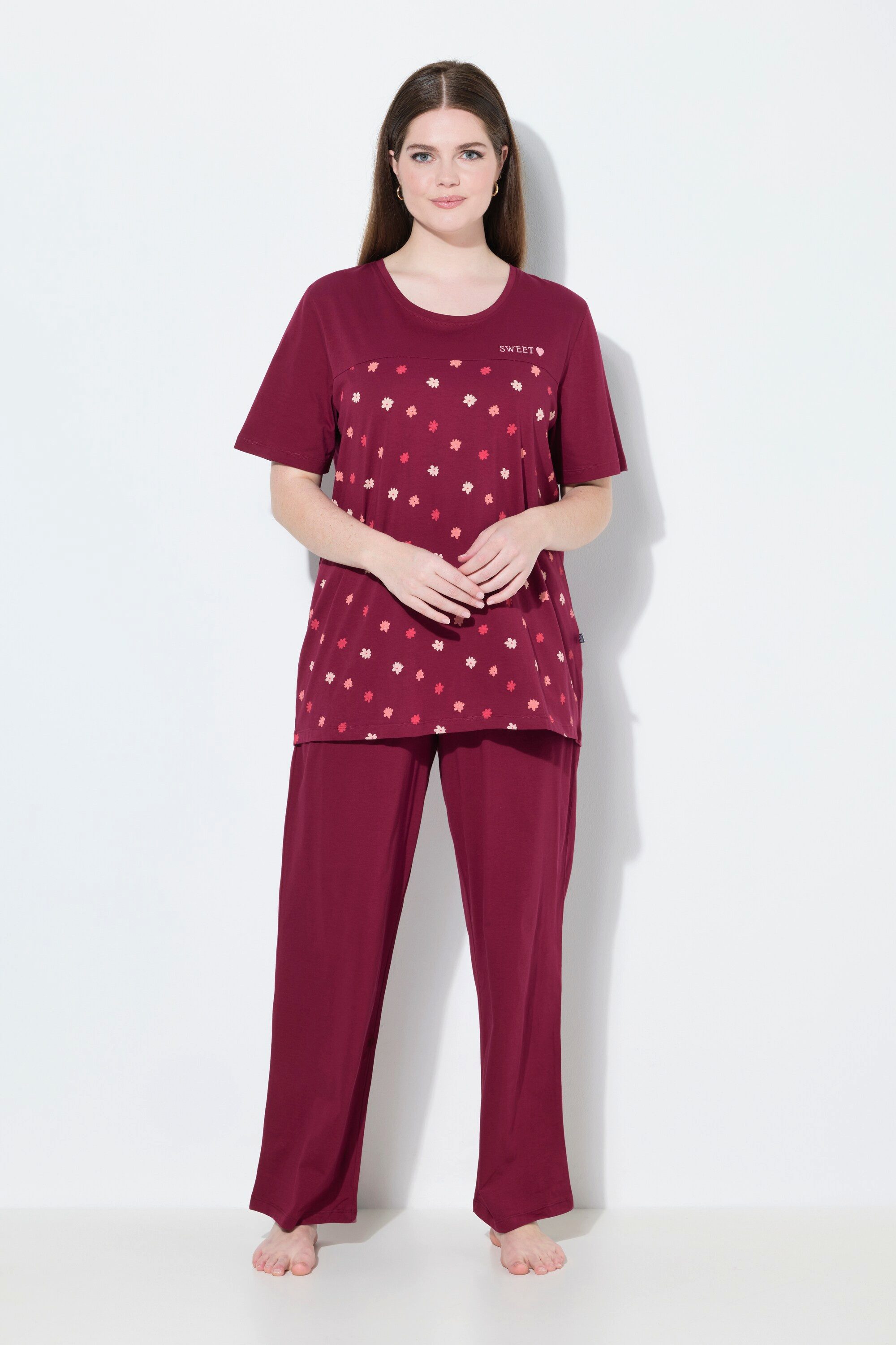 Ulla Popken Pyjama Pyjama Blüten Stickerei Rundhals Halbarm günstig online kaufen