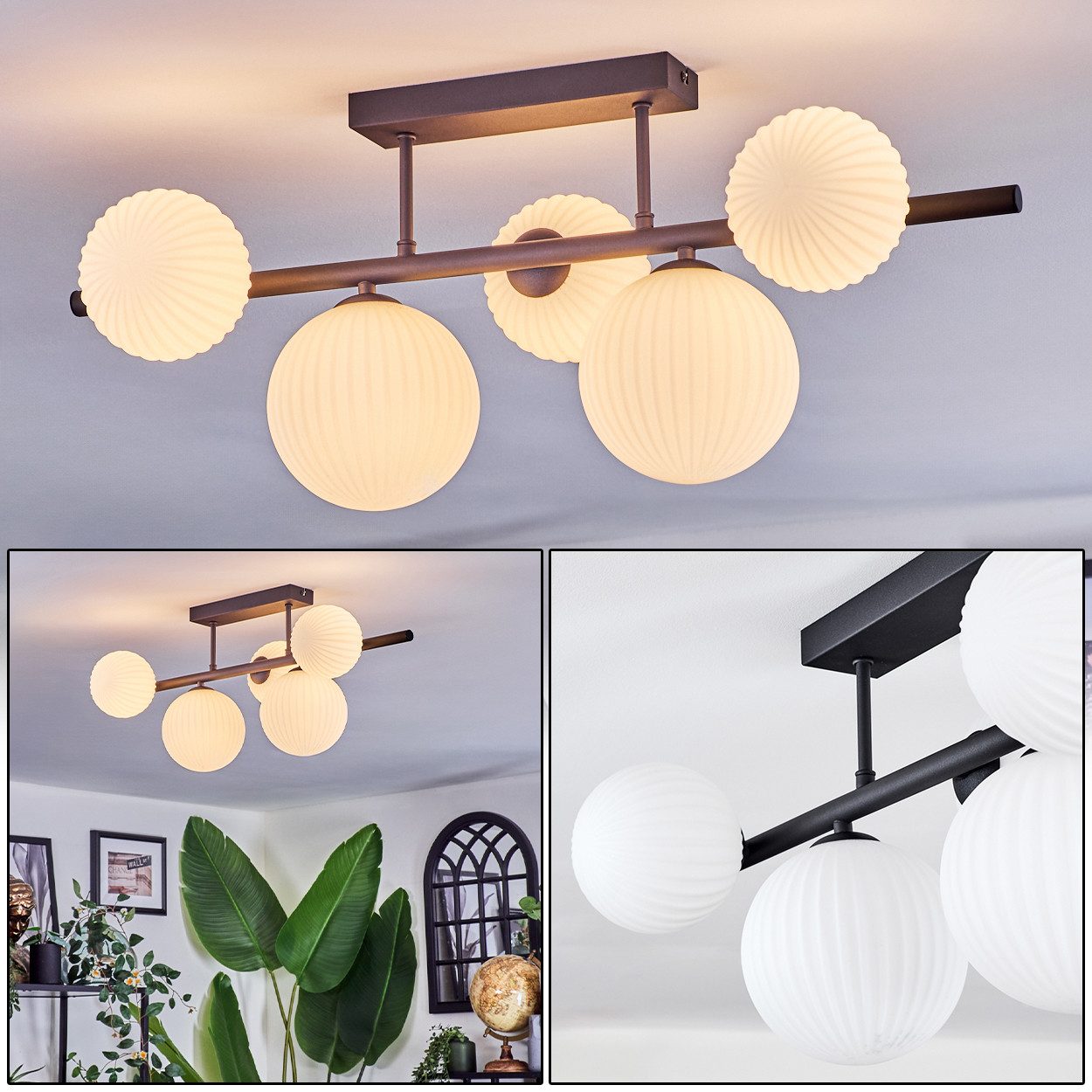 hofstein Deckenleuchte Deckenlampe aus Metall/Milchgas in Schwarz/Weiß, Deckenleuchte im Retro/Vintage-Design (Schirme Ø 12; 15 cm), 5 x G9