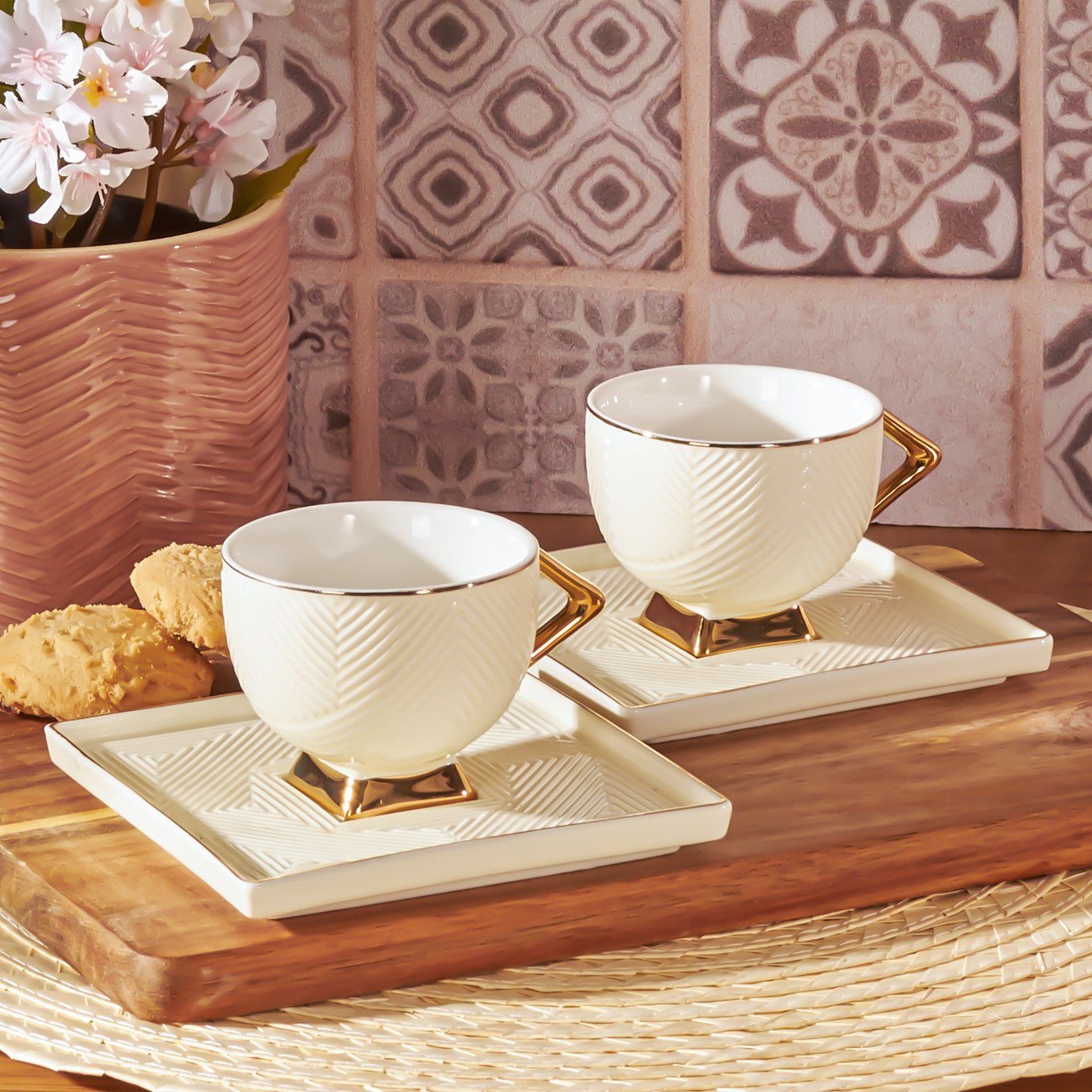 Karaca Kaffeeservice Karaca Art Deco 90 ml Kaffeetasse mit Untertasse Set 2 Personen, Creme