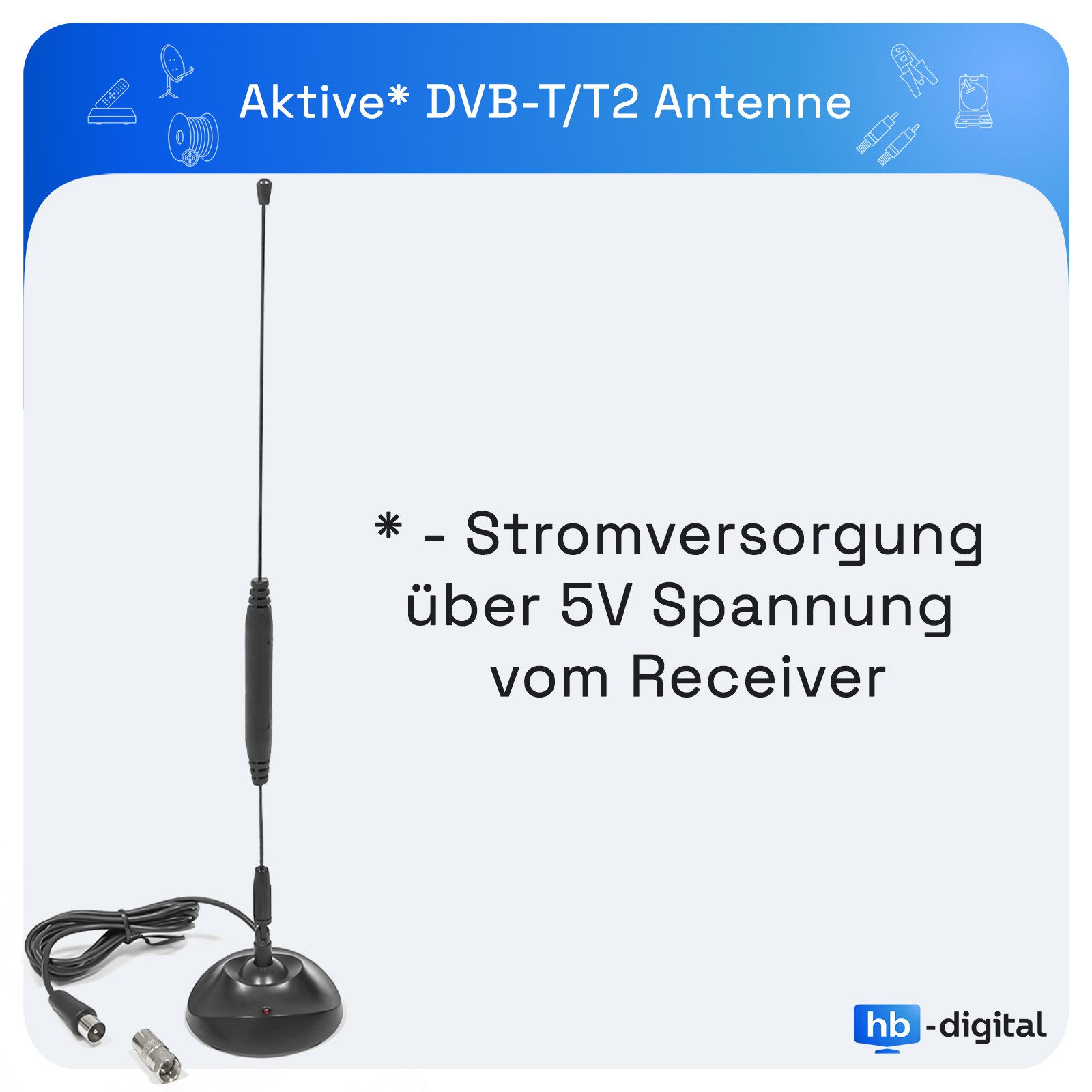 HB-DIGITAL hb-digital DVB-T2 Zimmerantenne aktiv mit Sockel & Verstärker 22dB Stabantenne (VHF: 87,5 - 230 MHz / UHF: 470 - 862 MHz (UHF), Verstärkung: 22 dB), Zimmerantenne DVB-T2 Antenne mit Sockel und Verstärker