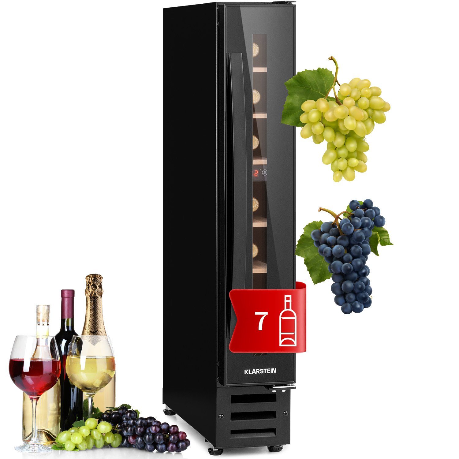 Klarstein Weinkühlschrank Vinovilla 7, für 7 Standardflaschen á 0,75l,Wein Flaschenkühlschrank Weintemperierschrank Weinschrank Kühlschrank Schwarz | schwarz