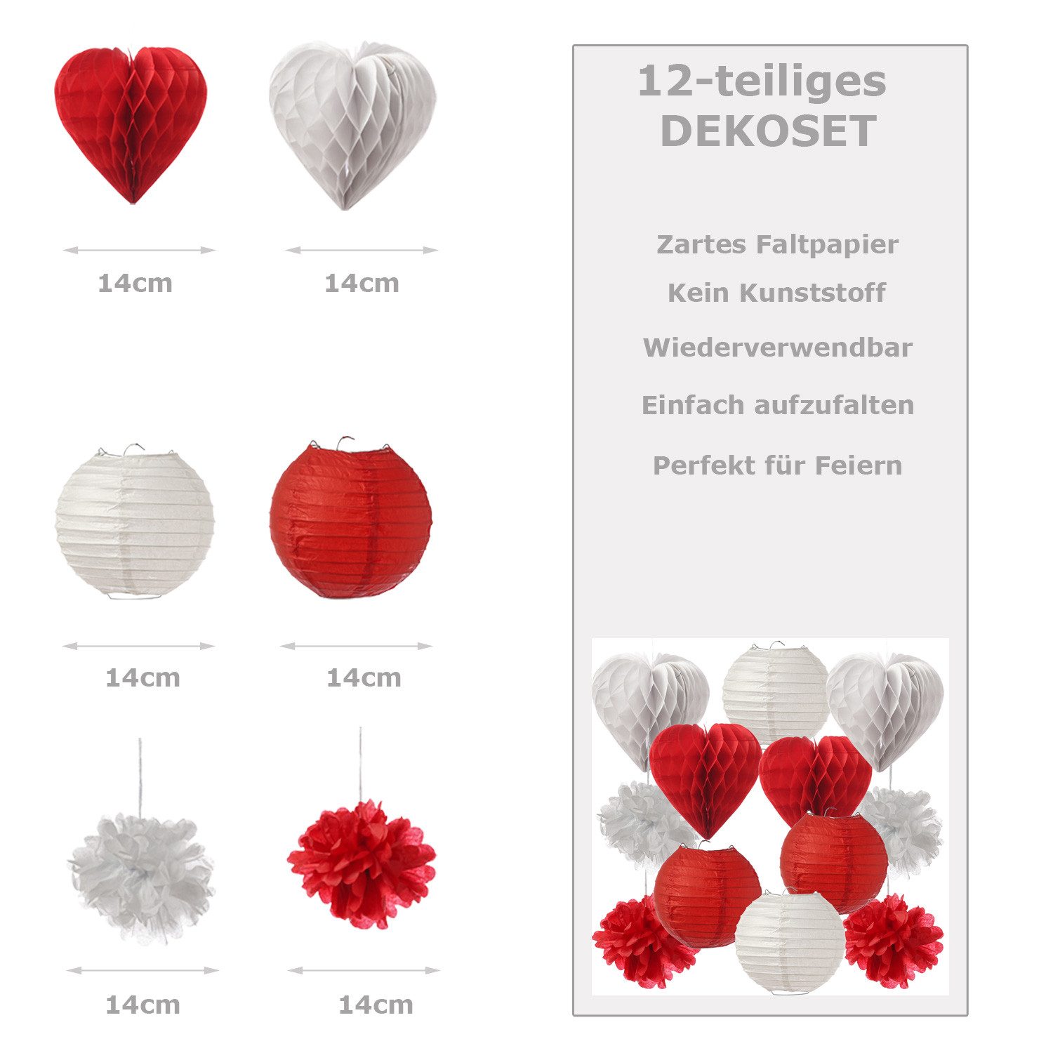 MARELIDA Papierdekoration Partyset Papierdekoration 48-teilig Papierblume Lampions Waben Herzen