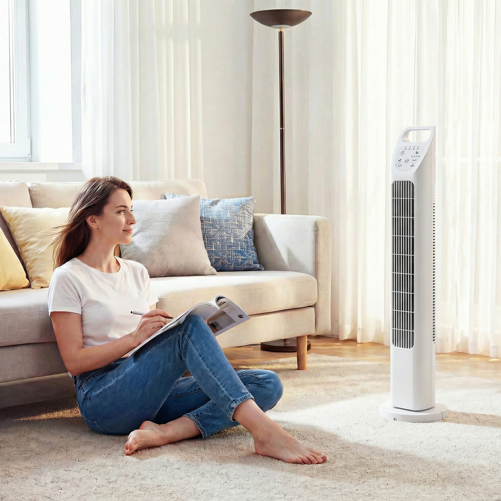 HOMCOM Turmventilator, 18 cm Durchmesser, Oszillation, Timer, Fernbedienung, 3 Geschwindigkeiten