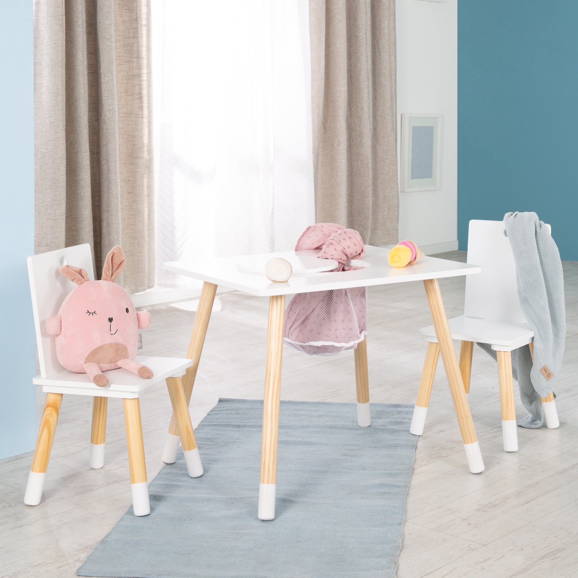roba® Kindersitzgruppe Sitzgruppe mit weiß, aus Holz Aufbewahrungsnetz