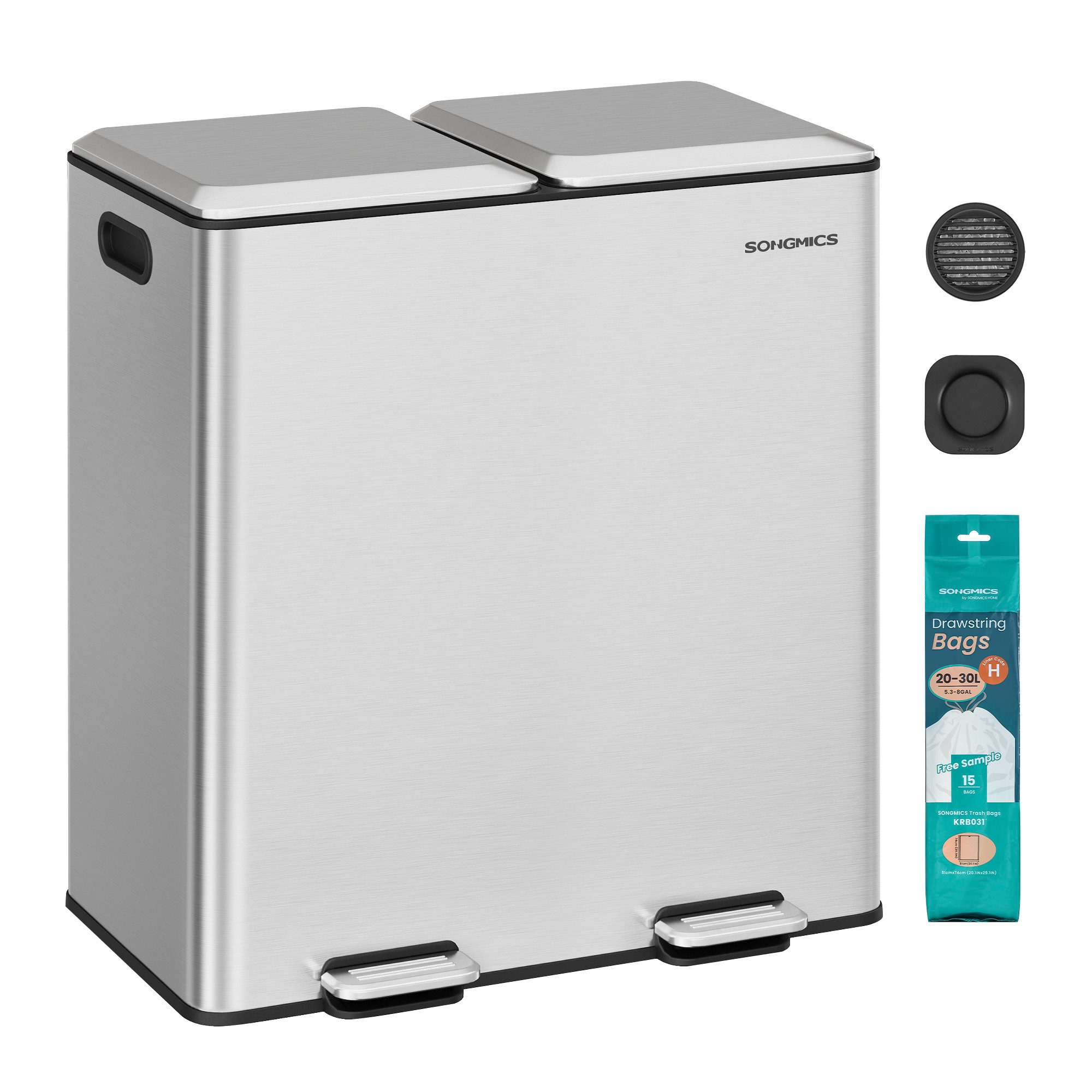 SONGMICS Mülleimer Integrierte Duftspender, Mülleimer Küche, 2 x 30 L, 2 Fächer, Mülltrennsystem, Softclose