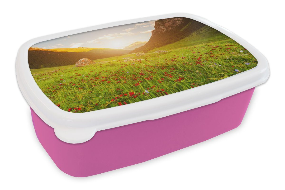 Mädchen, für Blumen Kinder, Berg - Erwachsene, Snackbox, - Kunststoff, Kunststoff (2-tlg), MuchoWow Lunchbox Brotdose Sonne, rosa Brotbox