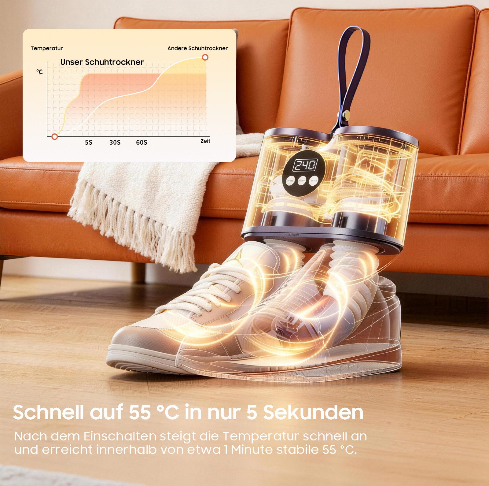 AIMAX Schuhtrockner Skischuhtrockner mit Ozon-Funktion, 15cm Ausziehschlauch, Digitaldisplay, für Schuhe, Stiefel, Handschuhe