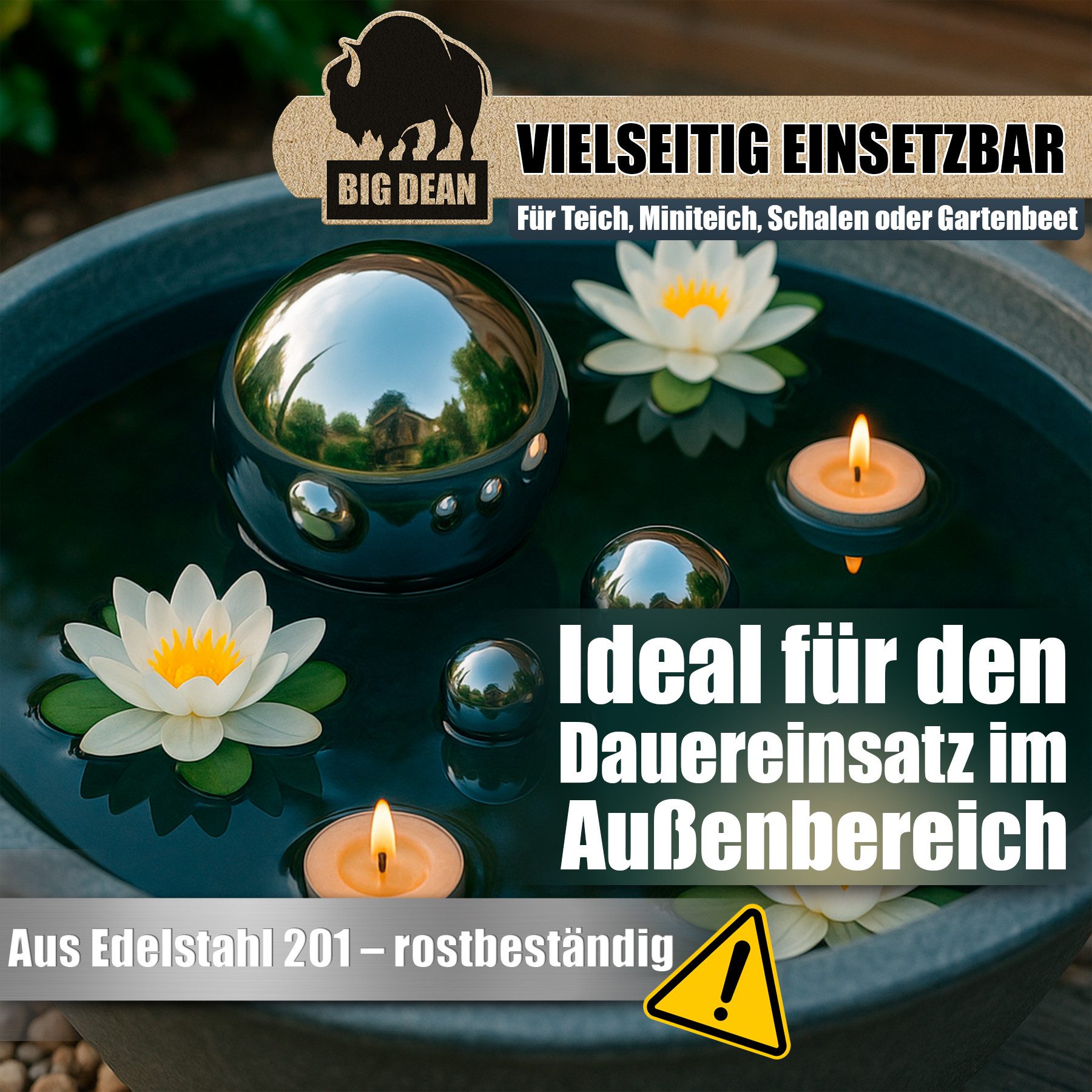 BigDean Dekokugel Schwimmkugeln Silber - Teichkugeln 6er Set aus Edelstahl Gartendeko (Set, 6 St., Kugeln), Rostfreier Edelstahl, Schwimmfähig, Witterungsbestän – Bild 4 von 5