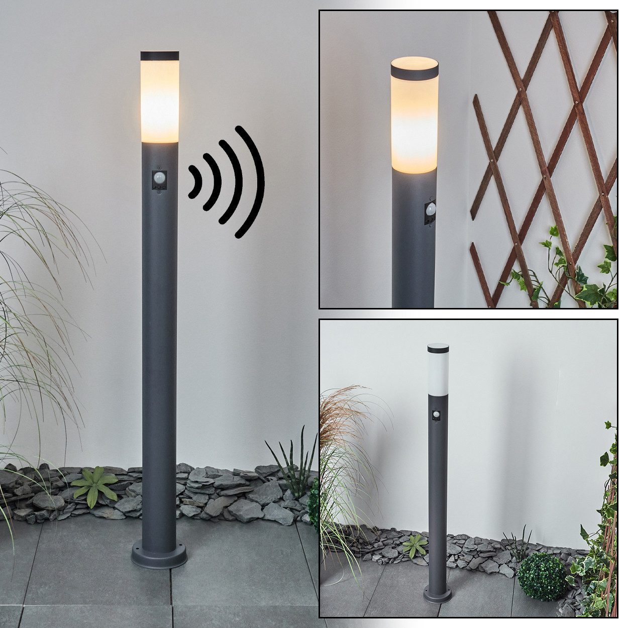 hofstein Pollerleuchte »Gnocchetta« Sockelleuchte aus Metall/Kunststoff in Anthrazit/Weiß, ohne Leuchtmittel, Gartenlampe m. E27, IP44, Bewegungsmelder