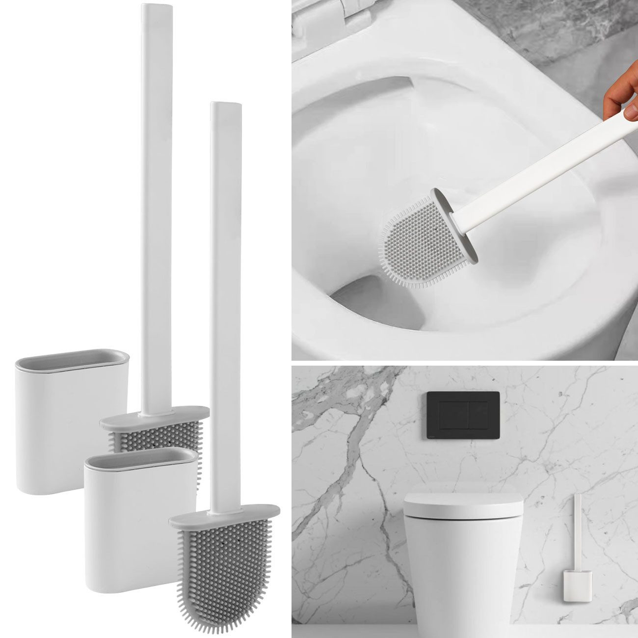 Casativo WC-Reinigungsbürste Silikon-WC-Bürsten Set grau/weiß & schwarz 2er/4er Toilettenbürsten, (2-tlg), luftdurchlässiger Bürstenhalter/Bürsten-Stiel: L 26 cm/
