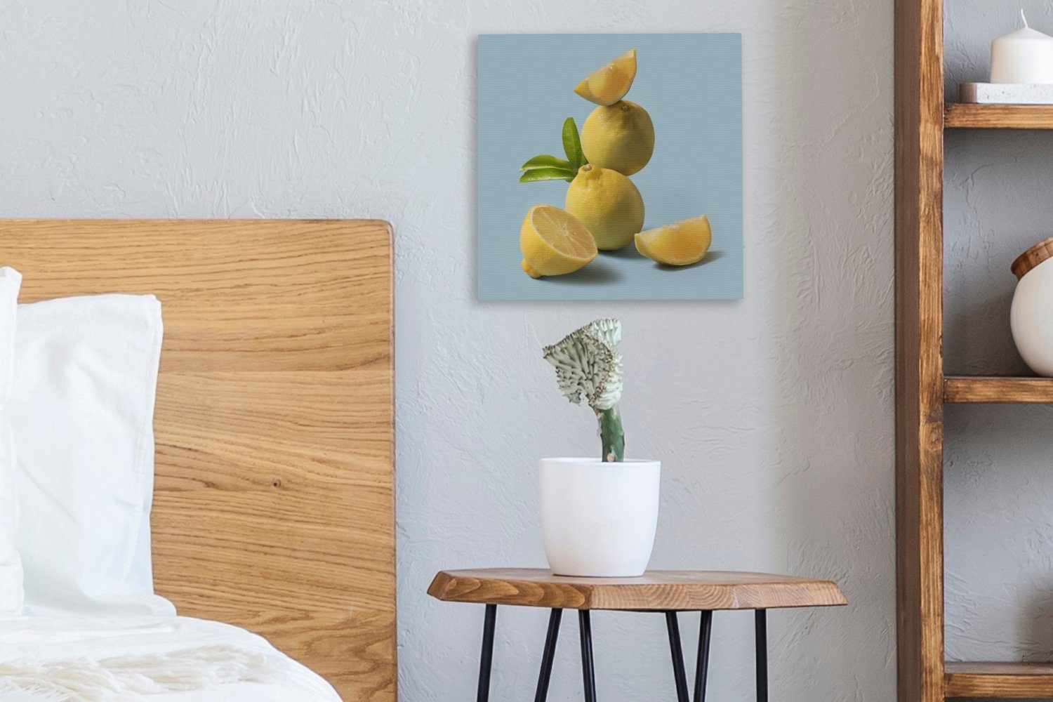 OneMillionCanvasses® Leinwandbild Wohnzimmer Komposition Schlafzimmer Bilder hellblauem Hintergrund, Leinwand von für St), auf Zitronen (1