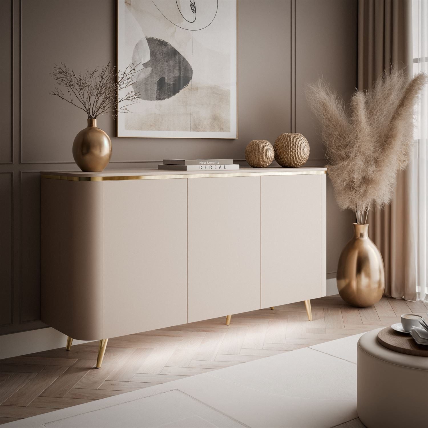 ALLHOUSE24 Wohnzimmer-Set LINE Kaschmir GOLD TV-Schrank, Kommode, Couchtisch Abgerundete Kanten, (3-St), Das Set besteht aus: Kommode, TV Schrank, Couchtisch