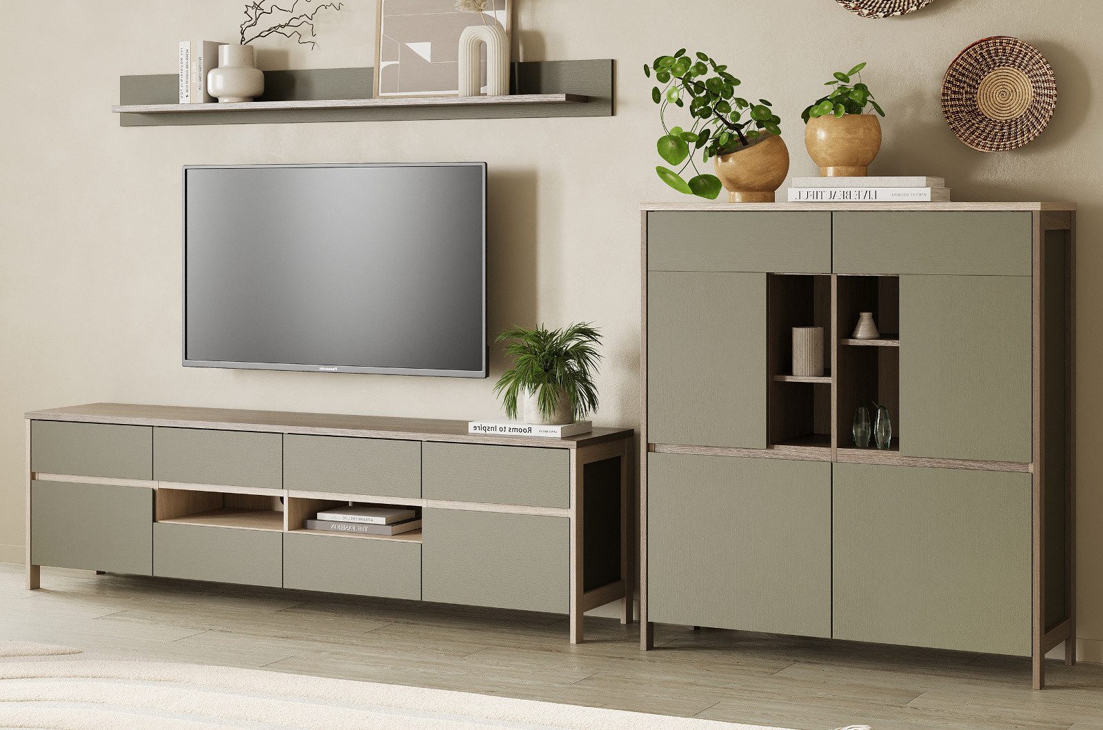 Furn.Design Wohnwand Finnes, (Schrankwand in Salbei mit Skandi Eiche, 3-teilig, 320 x 170 cm), mit viel Stauraum und Soft-Close-Funktion
