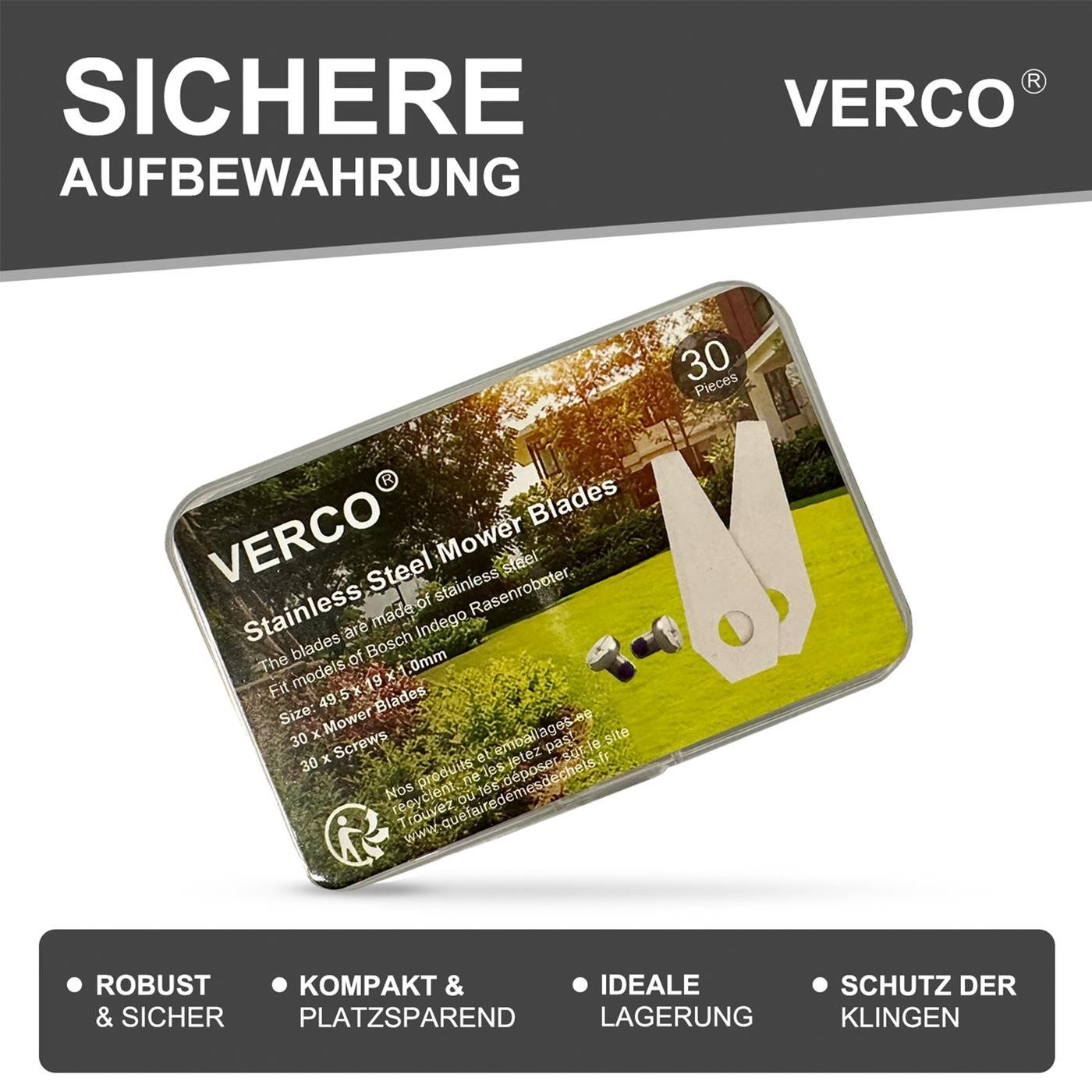 VERCO Лезвие газонокосилки-робота für Bosch Indego Mähmesser (inkl. Schrauben, 30 Stück), Edelstahl Messer Ersatz Klingen Set rostfrei