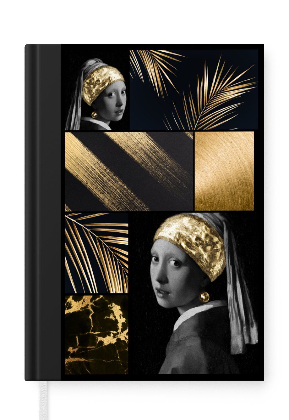 MuchoWow Notizbuch Collage - Schwarz - Gold - Mädchen mit Perlenohrring, Journal, Merkzettel, Tagebuch, Notizheft, A5, 98 Seiten, Haushaltsbuch