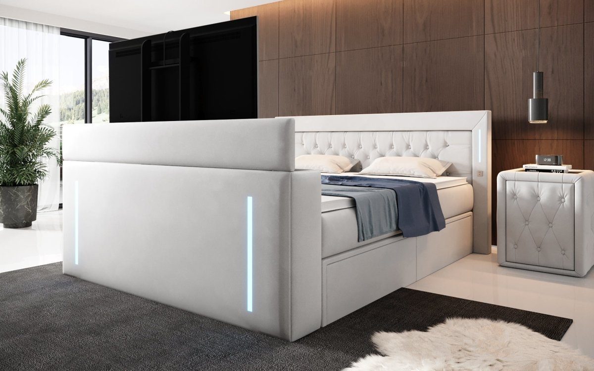 Luxusbetten24 Boxspringbett Divaneo, mit TV Lift und Stauraum (2 Schubladen) White | Seniorenbetten