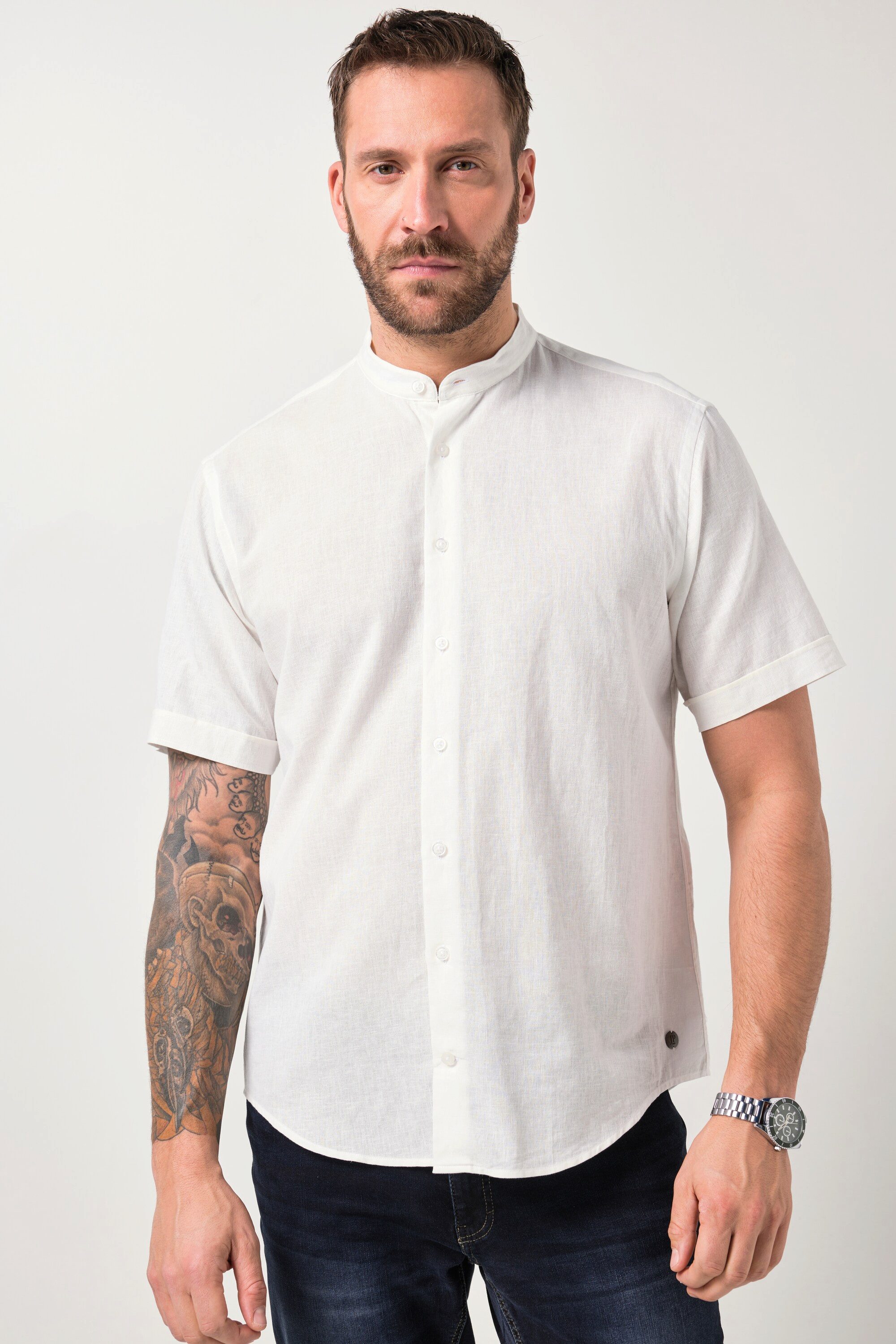 JP1880 Kurzarmhemd Hemd Halbarm Leinenmix Stehkragen Modern Fit günstig online kaufen