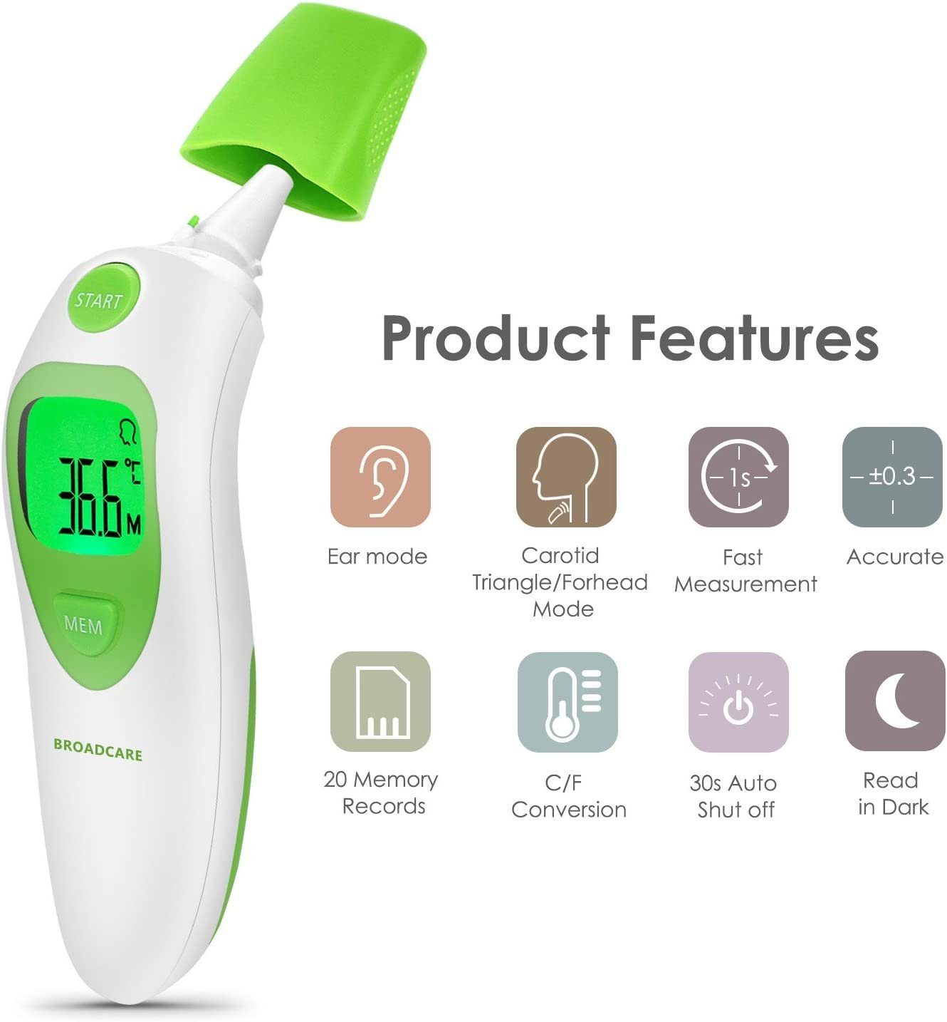 Broadcare Ohr-Fieberthermometer, 4in1 Infrarot Fieberthermometer Stirn Stirnthermometer kontaktlos digital Thermometer Ohr LCD