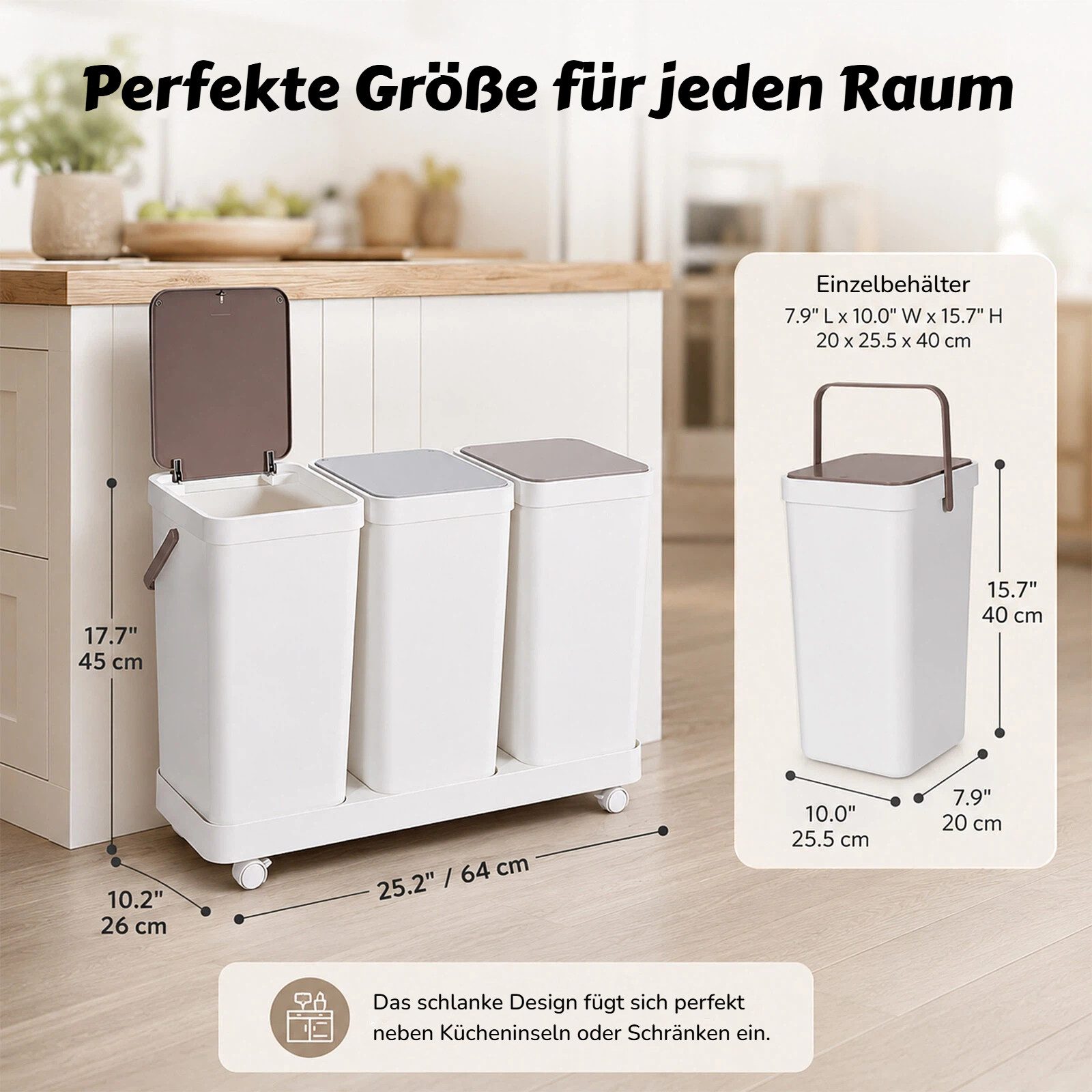 BlingBin Mülleimer 3-er Mülleimer-Set, Küche Mülltrennsystem mit Rollen & Deckel, Herausnehmbare Recycling-Mülleimer für Papier, Kunststoff, Glas