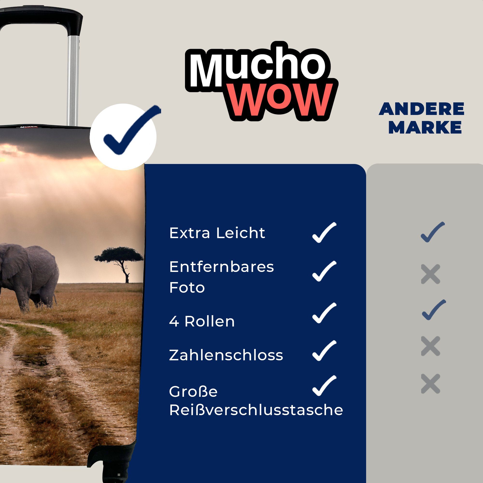 Elefant Ferien, 4 für Handgepäckkoffer - Tiere Handgepäck Reisetasche Sonne, Trolley, Reisekoffer Wiese mit rollen, Rollen, MuchoWow - -