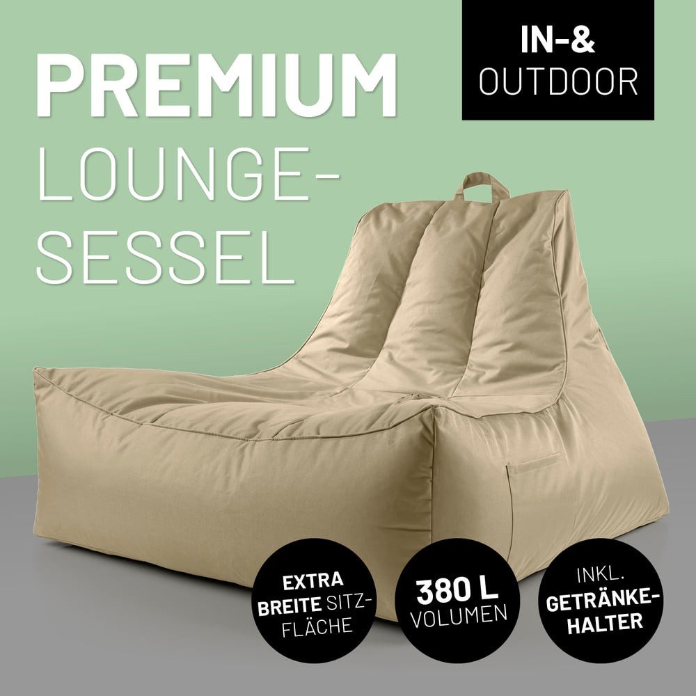 Lumaland Sitzsack Sitzsack-Lounge In-& Outdoor 380l beige, mit Flaschenhalter