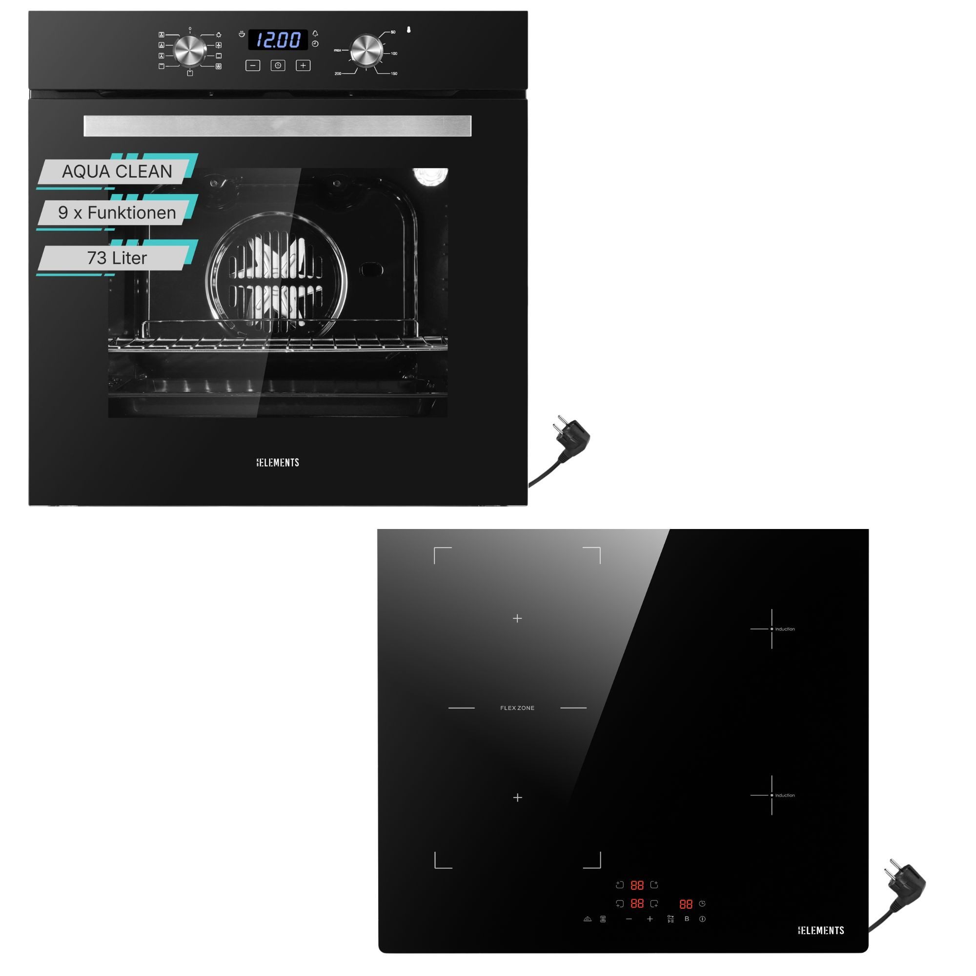KB Elements Backofen-Set Einbaubackofen 60 cm mit 4-Zonen Induktionskochfeld 60cm, AQUA CLEAN, EU Stecker, Flexzone, Warmhaltefunktion