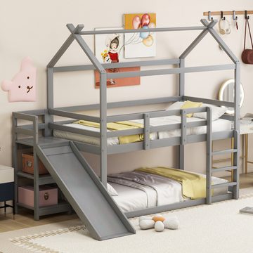 OKWISH Etagenbett Holzbett mit Rutsche und Ablagefläche, mit Lattenrost (Kinderbett 90x200 cm), ohne Matratze