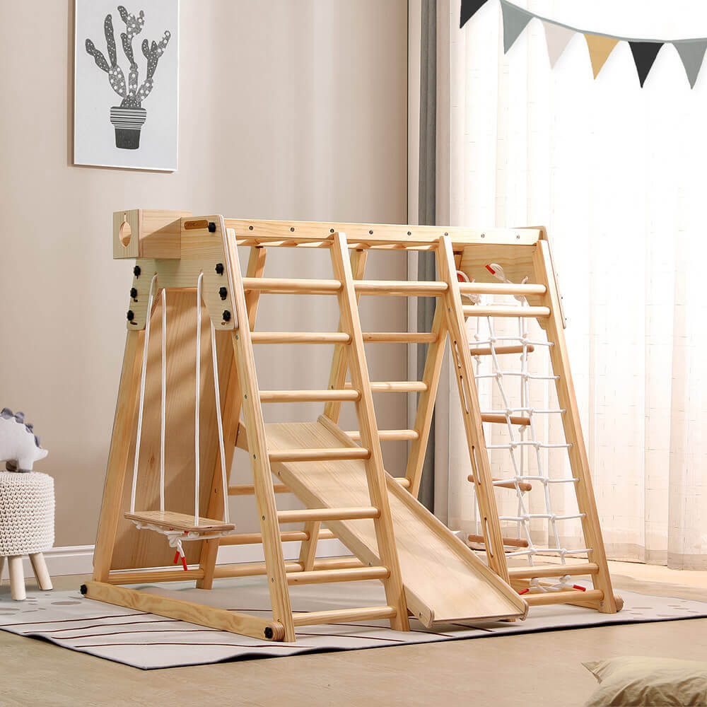 HOME DELUXE Klettergerüst Indoor Spielturm LIO, (inkl. Schaukel, Rutsche, Kletternetz & Leiter), 8 in 1 Kletterturm I Spielzimmer, Kinderzimmer