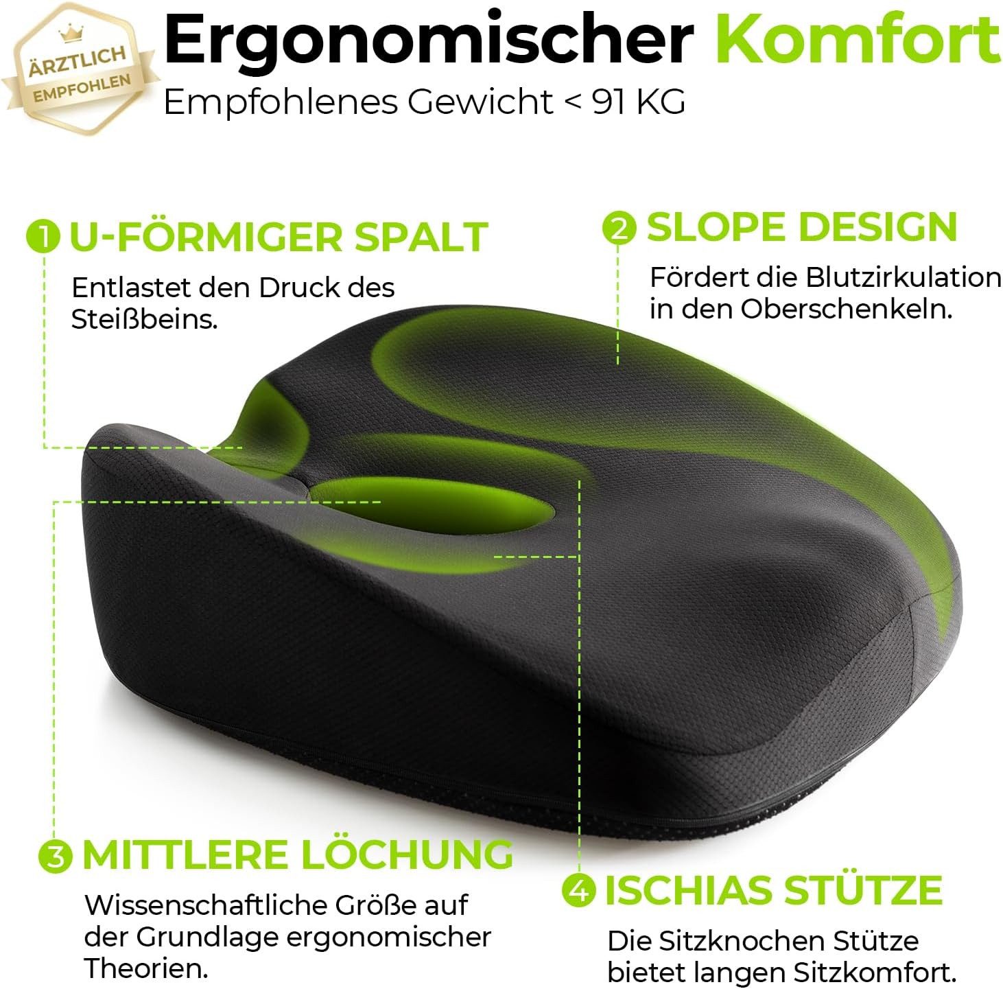 ibettertec Sitzkissen Orthopädisch Ergonomisches Hämorrhoiden Sitzkissen, Fördert gesundes Sitzen & entlastet Rücken – Zuhause, Büro & unterwegs