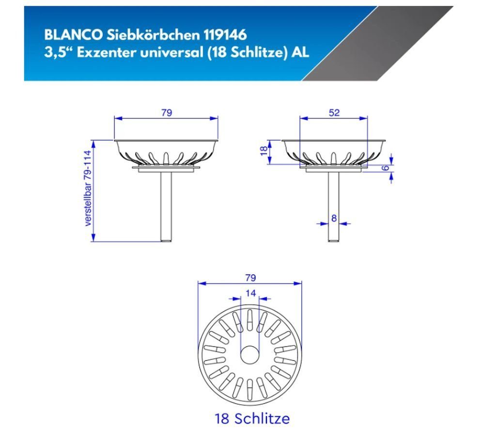 UNIVERSAL BLANCO 119146 inkl. Blanco Siebventil mit Siebkorb Hubstange Ø 79mm Dichtung