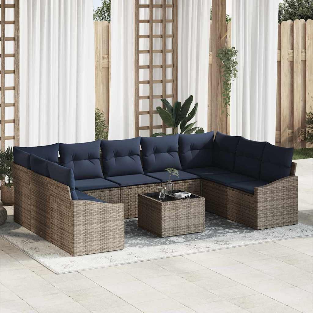 vidaXL Gartenlounge-Set Gartensofa-set 10 pcs Grau und Marineblau Poly-Rattan, (10-tlg)