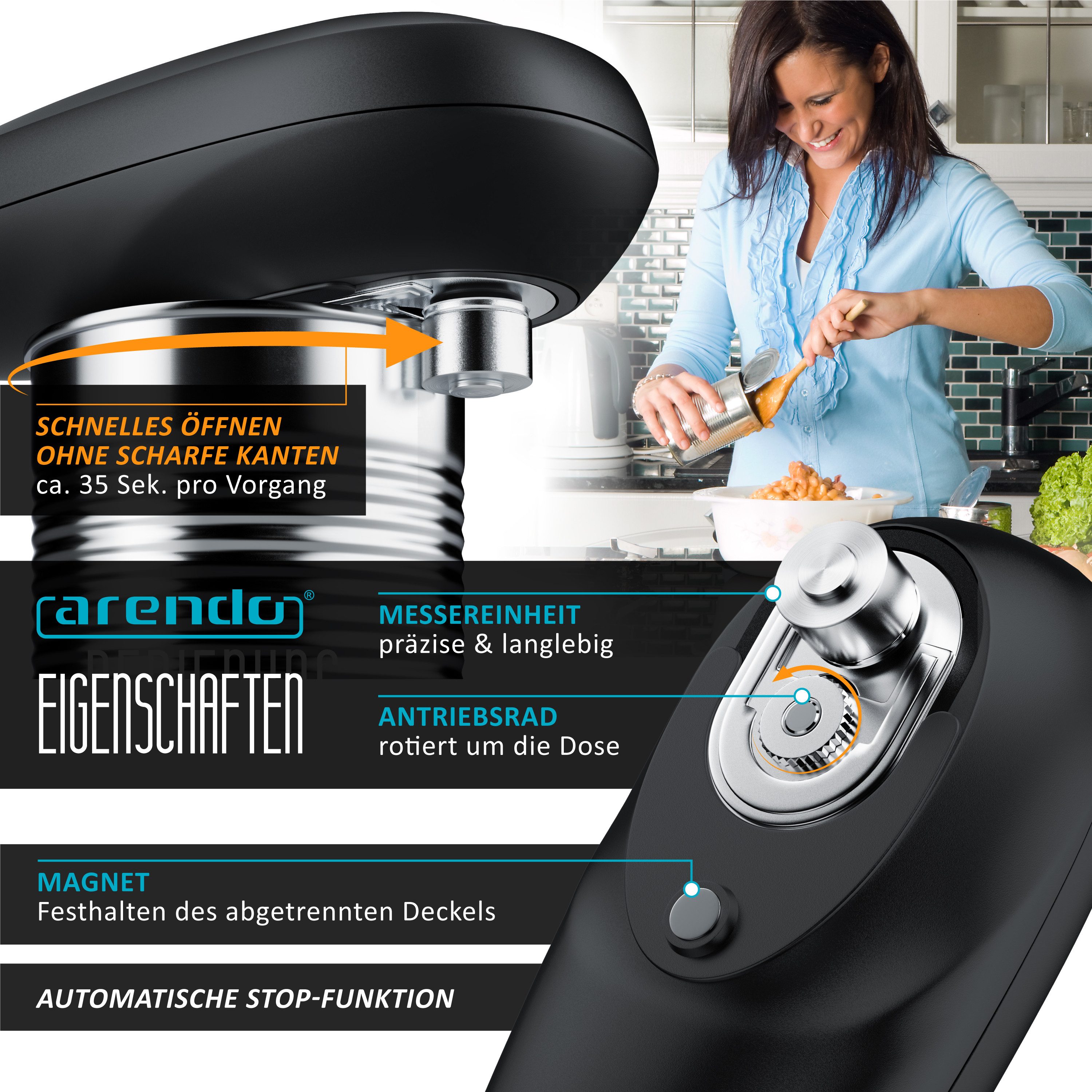 Arendo Elektrischer Dosenöffner Deckelöffner Büchsenöffner für Senioren, geeignet für alle Dosengrößen, automatische 360° Drehung, Öffnung ohne scharfe Kanten, Automatikstopp