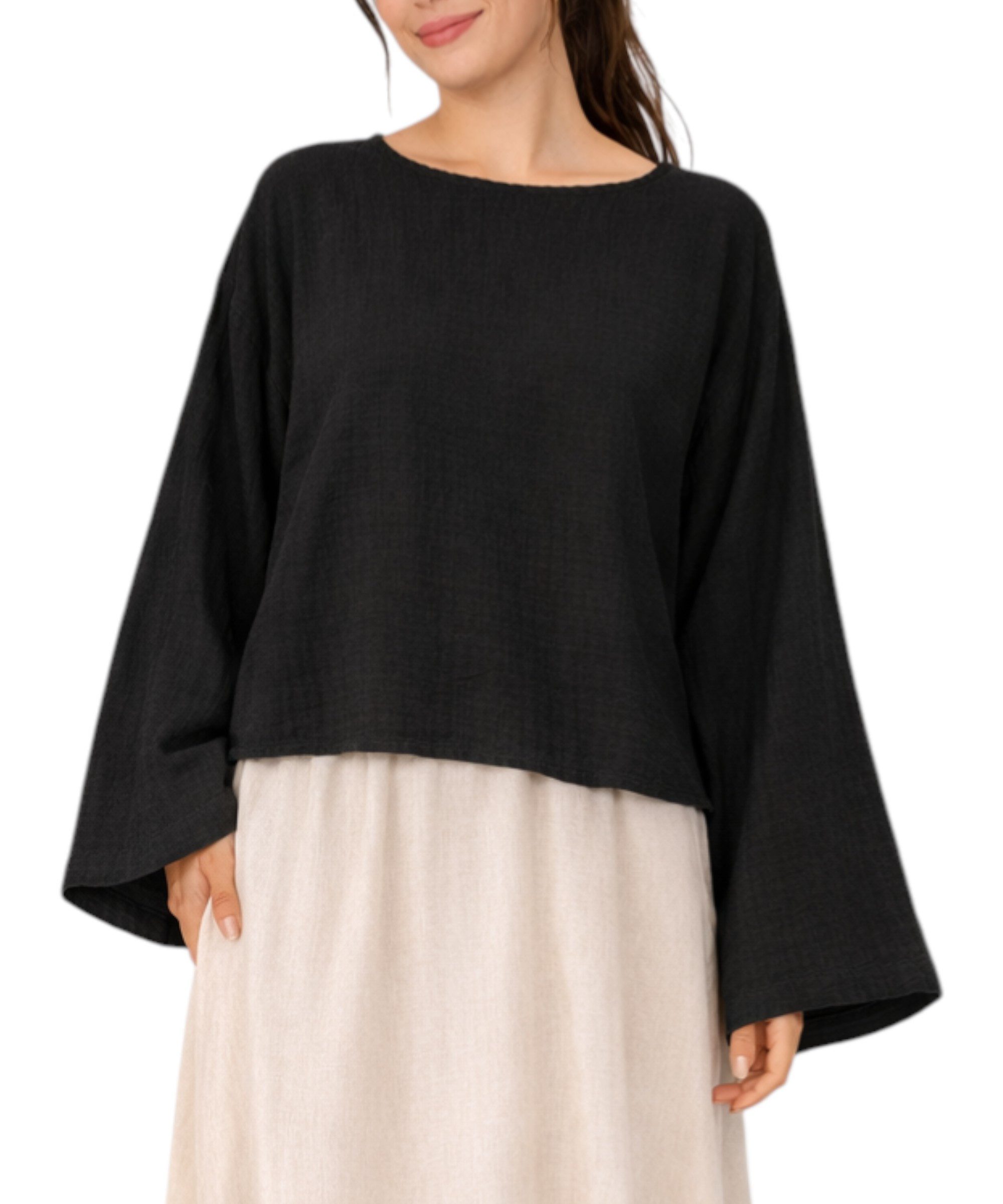 WENOR Schlupfbluse Damen Musselin Einheitsgröße – Oversize Sommerbluse 36-40 weite Fledermausärmel, luftig & locker – Baumwoll-Layering Sommerbluse