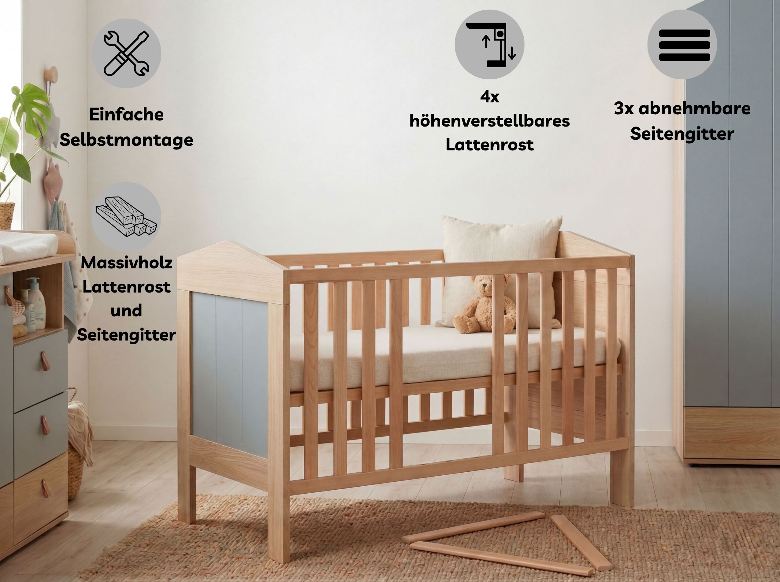 arthur berndt Babybett Roofy, Mitwachsend, 4x höhenverstellbar, Made in Germany