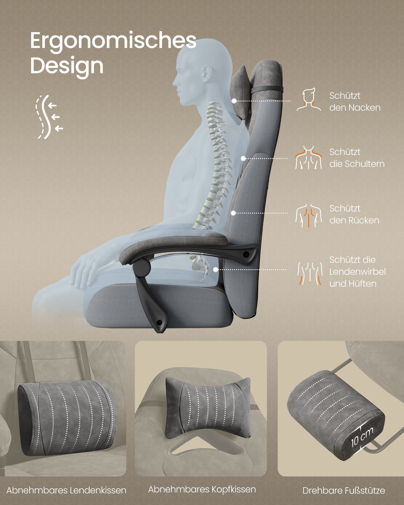 SONGMICS Bürostuhl Gaming-Stuhl, Computerstuhl ergonomischer, bis 150 kg belastbar, mit ausziehbarer Fußstütze, verstellbarem Kopfkissen und Lendenkissen – Bild 5 von 5