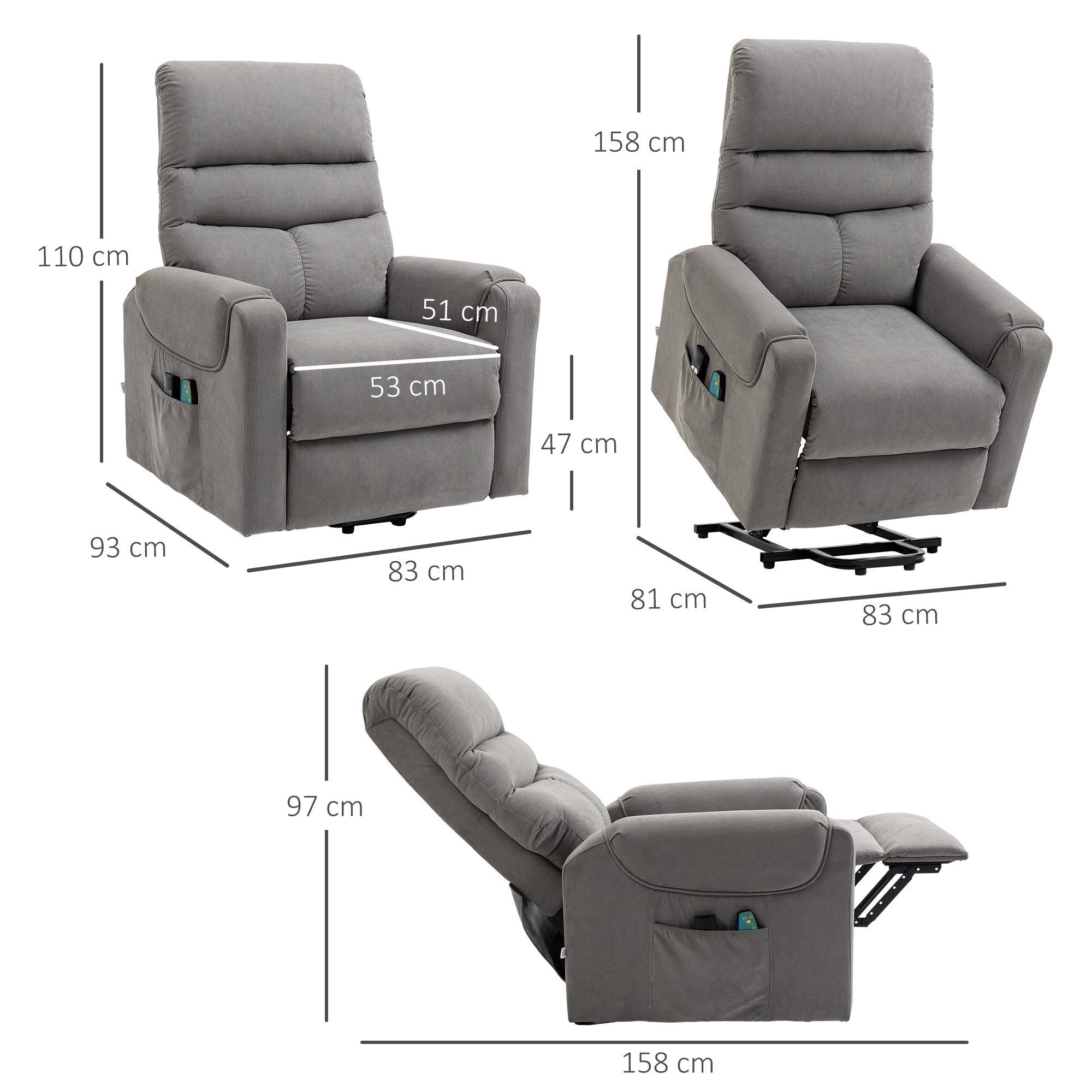 HOMCOM Massagesessel Fernsehsessel mit Aufstehhilfe, Massagesessel mit Liegefunktion (Aufstehsessel, 1-St., Massagesessel), Massagesessel mit Aufstehhilfe, Dunk – Bild 3 von 5