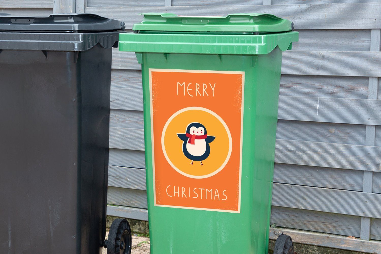 Mülltonne, Wandsticker - MuchoWow - Zitate Mülleimer-aufkleber, Sticker, Frohe Container, Pinguin Tiere Weihnachten (1 Abfalbehälter St), - Weihnachten -