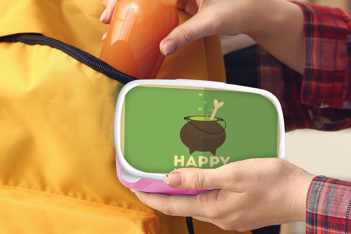 Kunststoff auf Erwachsene, Kinder, für ein rosa MuchoWow Halloween" (2-tlg), Snackbox, Brotbox Mädchen, und grünem, Knochen Kunststoff, Hexenkessel Happy und Lunchbox Brotdose