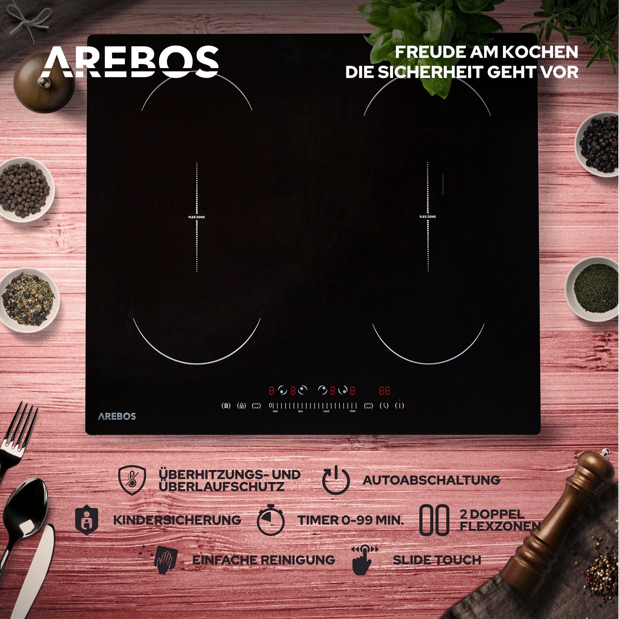 Arebos Induktions-Kochfeld 7200 W, 4 Kochfelder Flexzone, 59 cm, Autark AR-HE-IKF60, mit Sensor Touch, Timer, Kindersicherung & Überhitzungsschutz