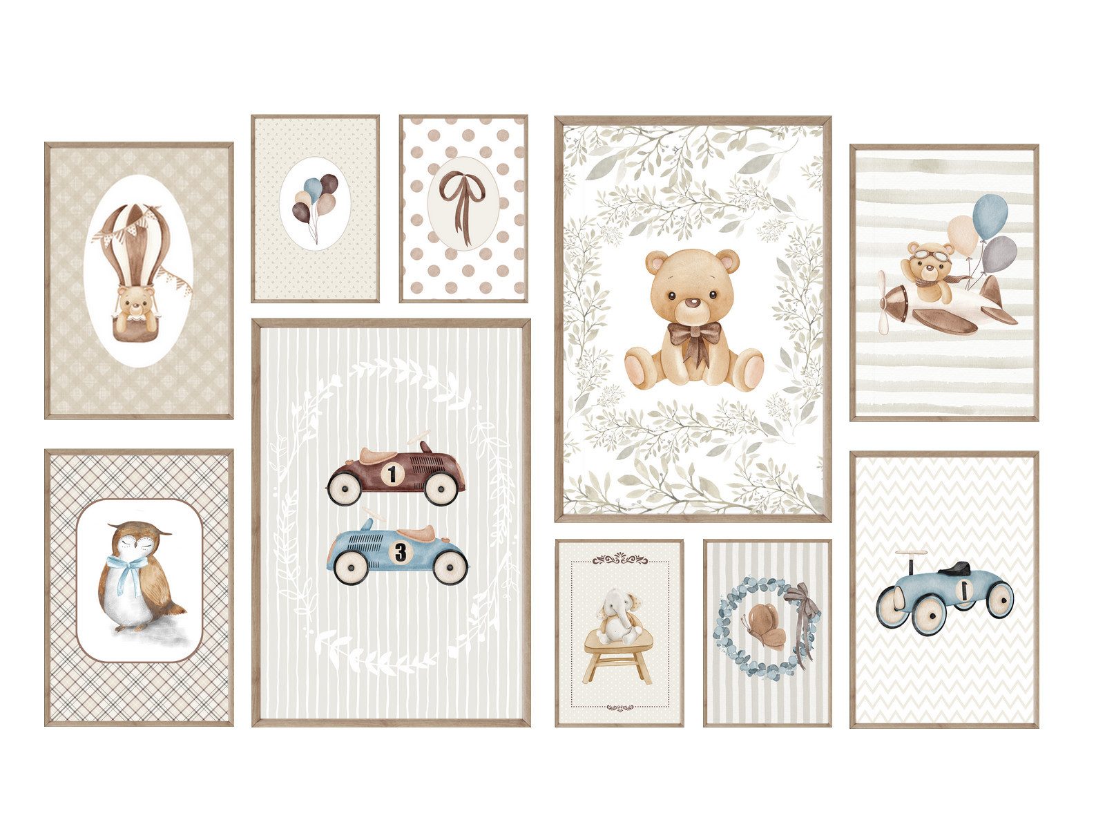 homestyle-accessoires Poster Kinderzimmer Bilderwand 10erSet Bilderset Babyzimmer TEDDY, (10 St), - Ohne Bilderrahmen - Sorgfältige & sichere Verpackung