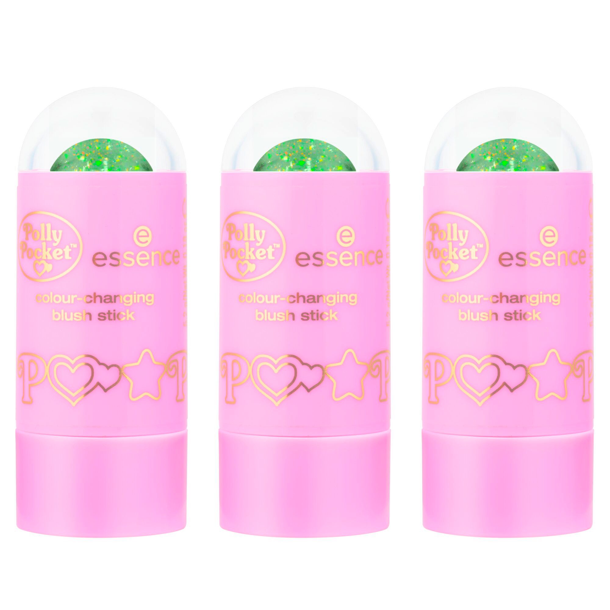 Essence Rouge Polly Pocket colour-changing blush stick, 3-tlg., pH-reaktive Farbverwandlung, natürlicher Glow, Stick Format