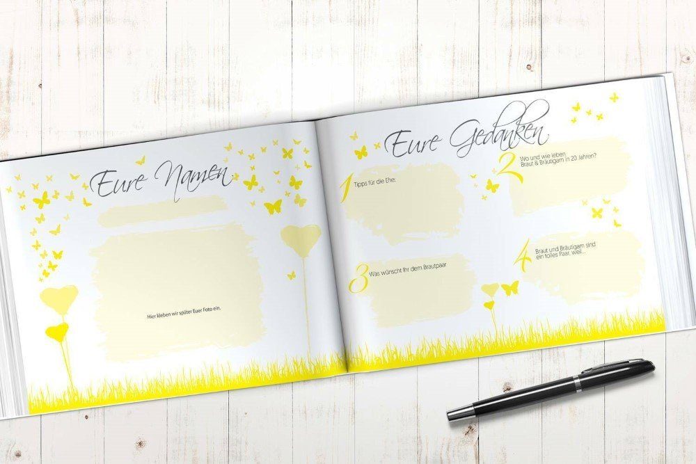 bigdaygraphix Notizbuch Gelb-Schmetterlinge Hochzeitsgästebuch A4, Vorgefertigte Fragen für besondere Einträge.