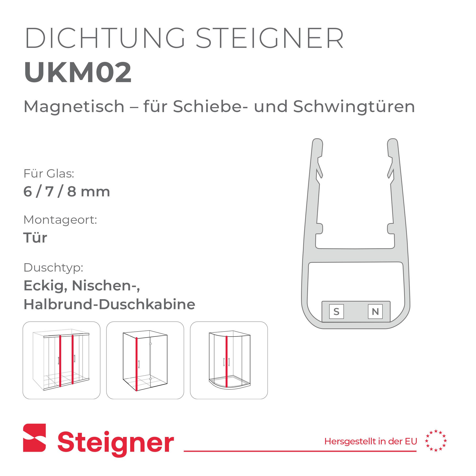 STEIGNER Duschdichtung Magnetduschdichtungen UKM02 201 cm 2 Stk Set 180° Transparent 6-8 mm, L: 201 cm, (2 Stück Packung, 2-St., Einzeldichtung), Duschdichtunge – Bild 2 von 5