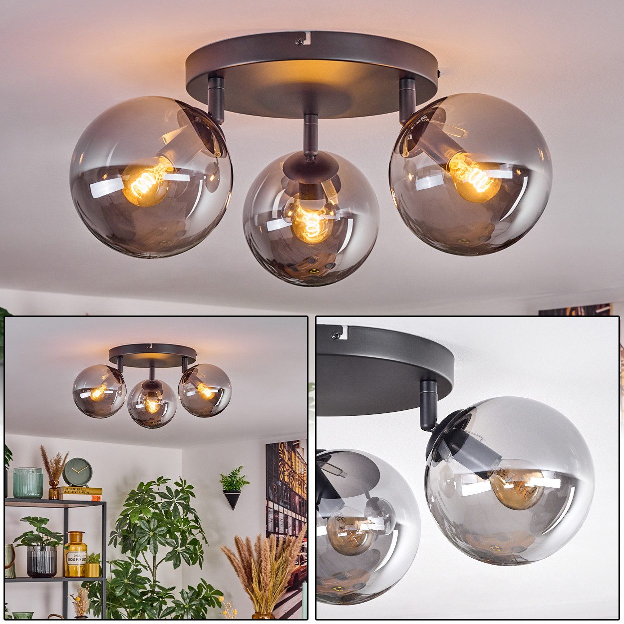 Deckenleuchte Deckenlampe aus Metall/Glas in Schwarz/Rauchfarben, 3 x E14