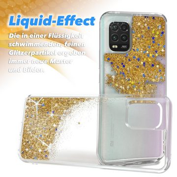 EAZY CASE Handyhülle Liquid Glittery Case für Xiaomi Mi 10 Lite 6,57 Zoll, Durchsichtig Back Case Handy Softcase Silikonhülle Glitzer Cover Gold