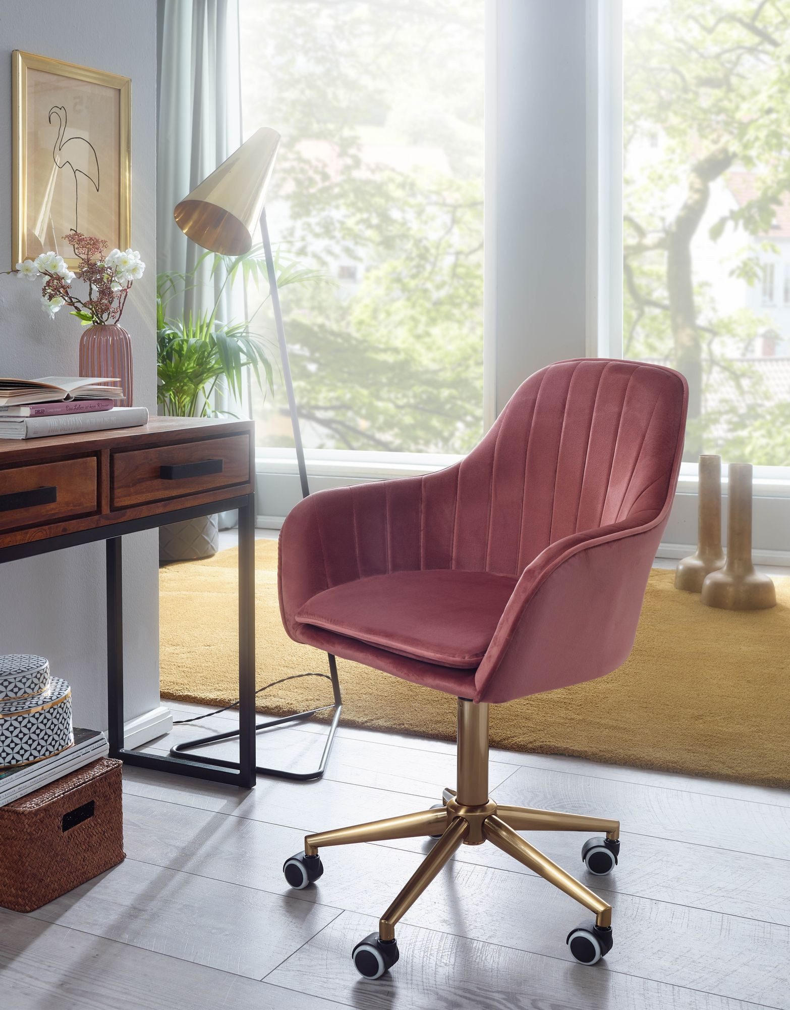 FINEBUY Schalenstuhl Schreibtischstuhl Samt Drehstuhl mit Lehne 120 kg Stuhl (Design Schalenstuhl Drehbar mit Lehne, Samt Rosa), Drehbar, Schreibtischstuhl 120 kg Höhenverstellbar
