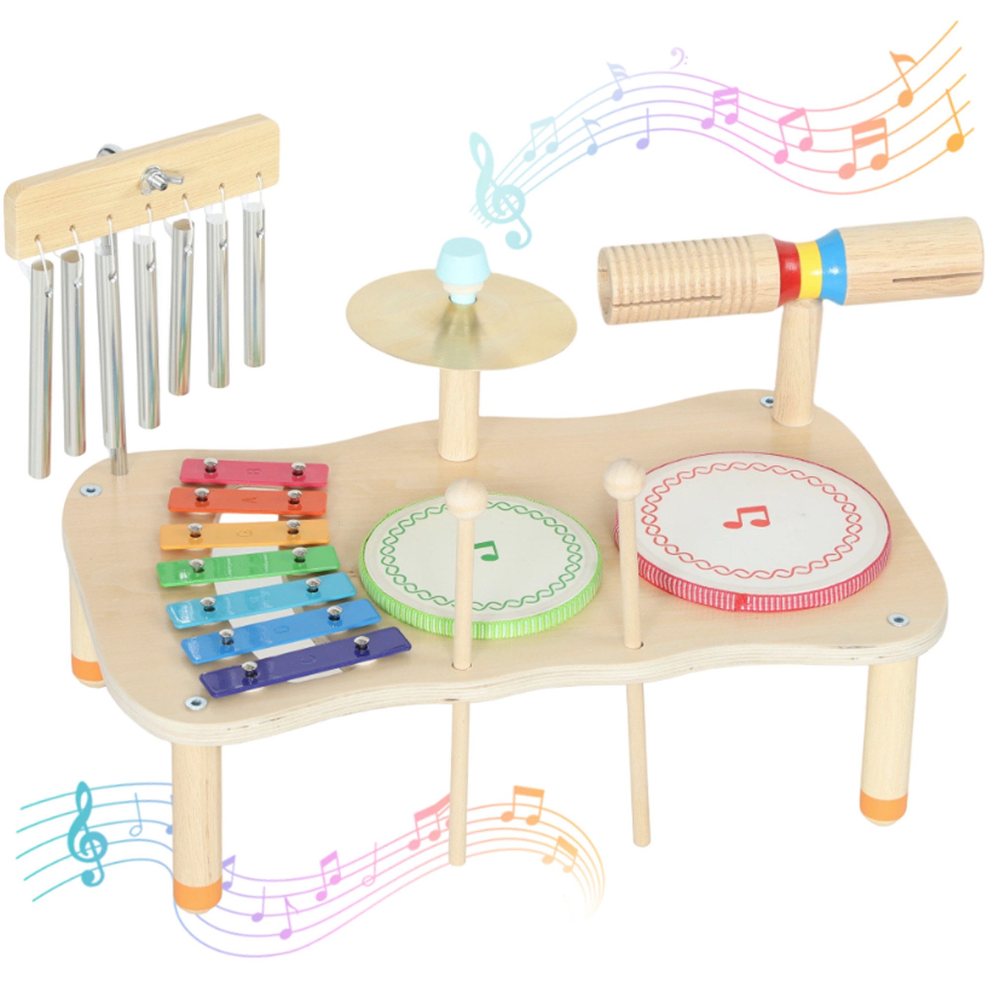 ibettertec Lernspielzeug Montessori, Musikinstrumente, Schlagzeugset, Xylophon, Trommel (Spar-Set, 1-St., 7-in-1 Percussion-Set mit Xylophon, 2 Trommeln, Klangblöcken), FSC-zertifiziertes Holz, ungiftige Wasserlackierung, gratfreie Kanten